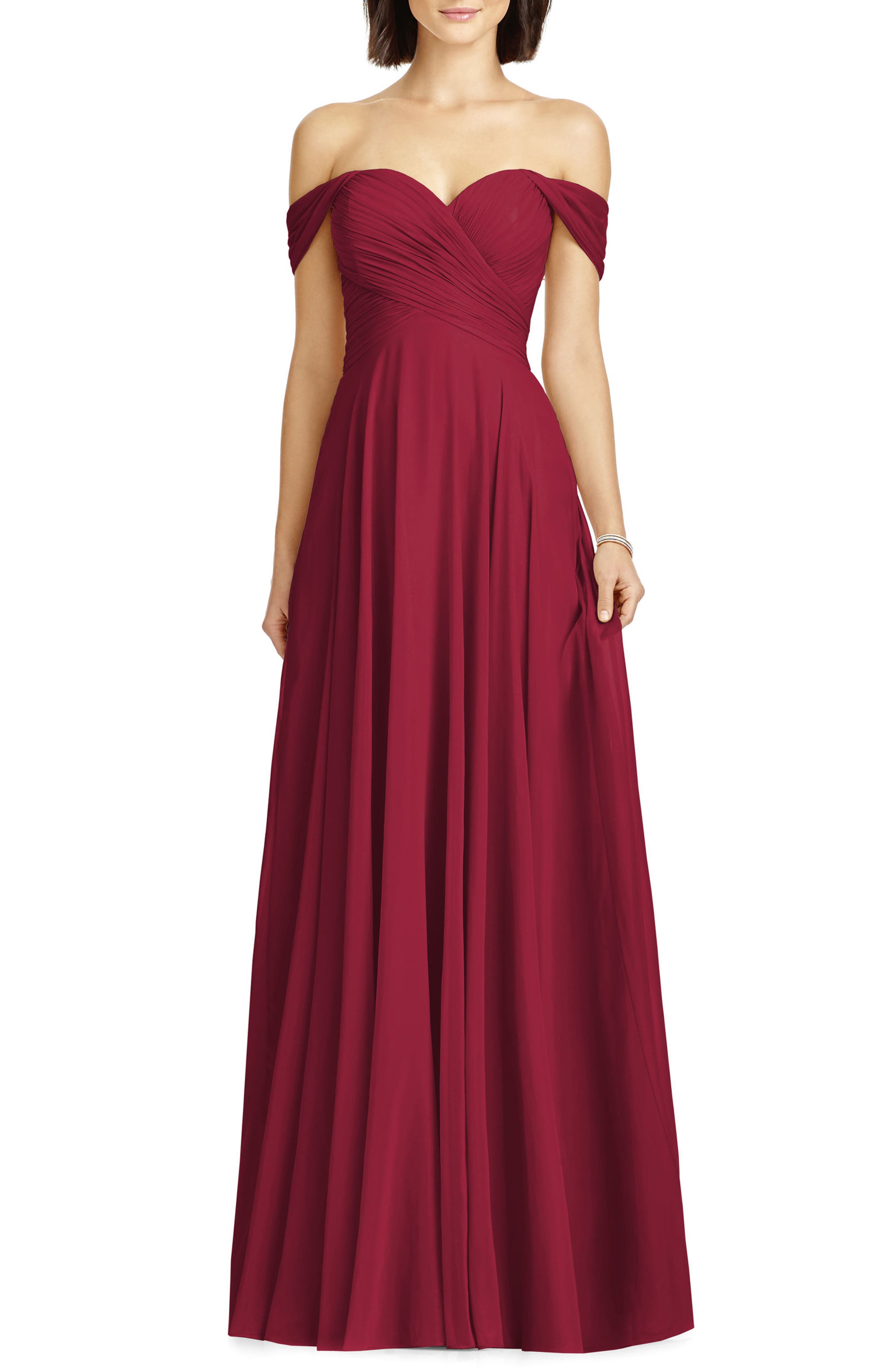 Dessy Collection Lux Ruched Off The Shoulder Chiffon Gown, Burgundy
