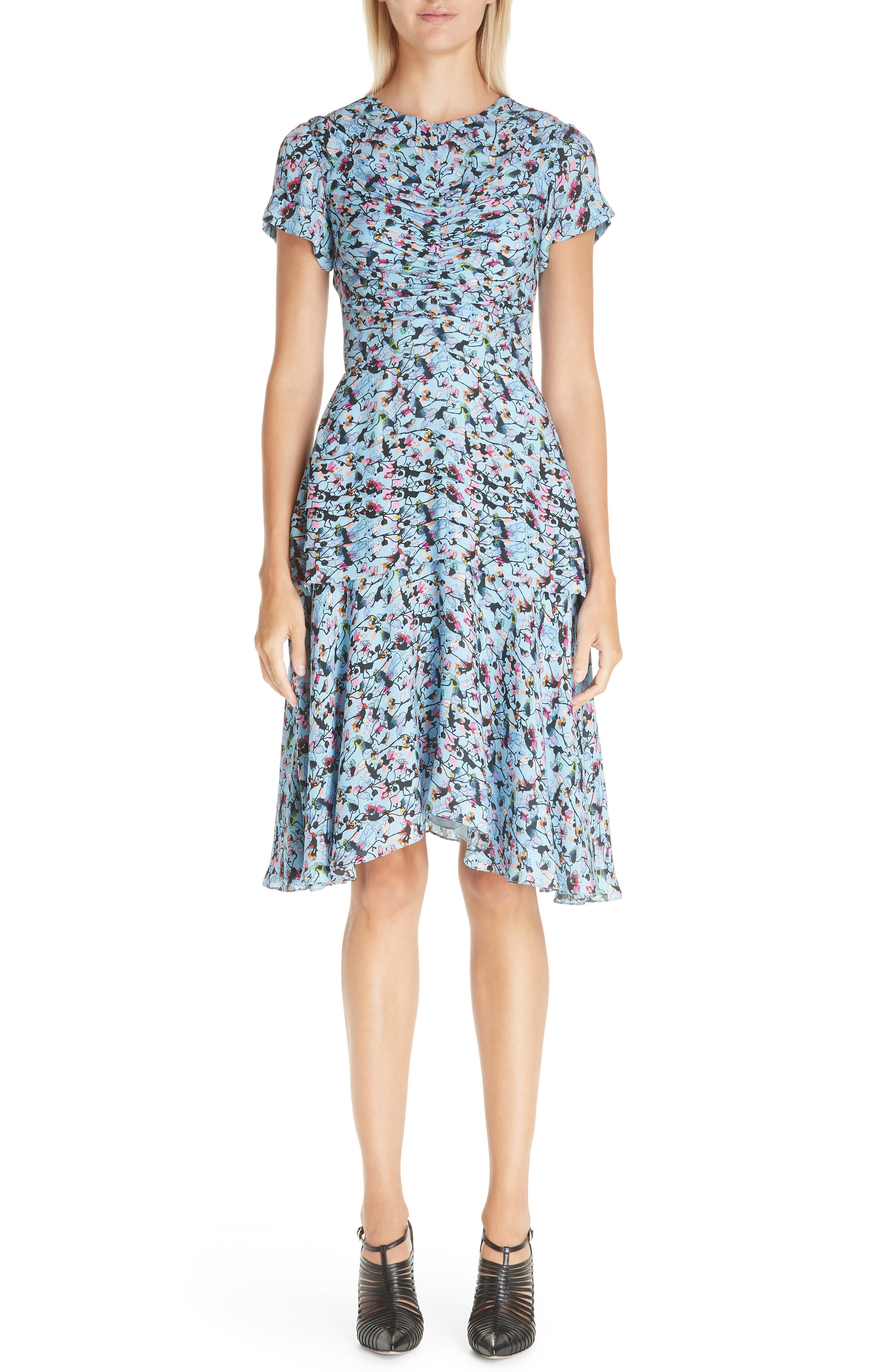 Jason Wu Collection Ruched Floral Print Silk Georgette Dress, Blue