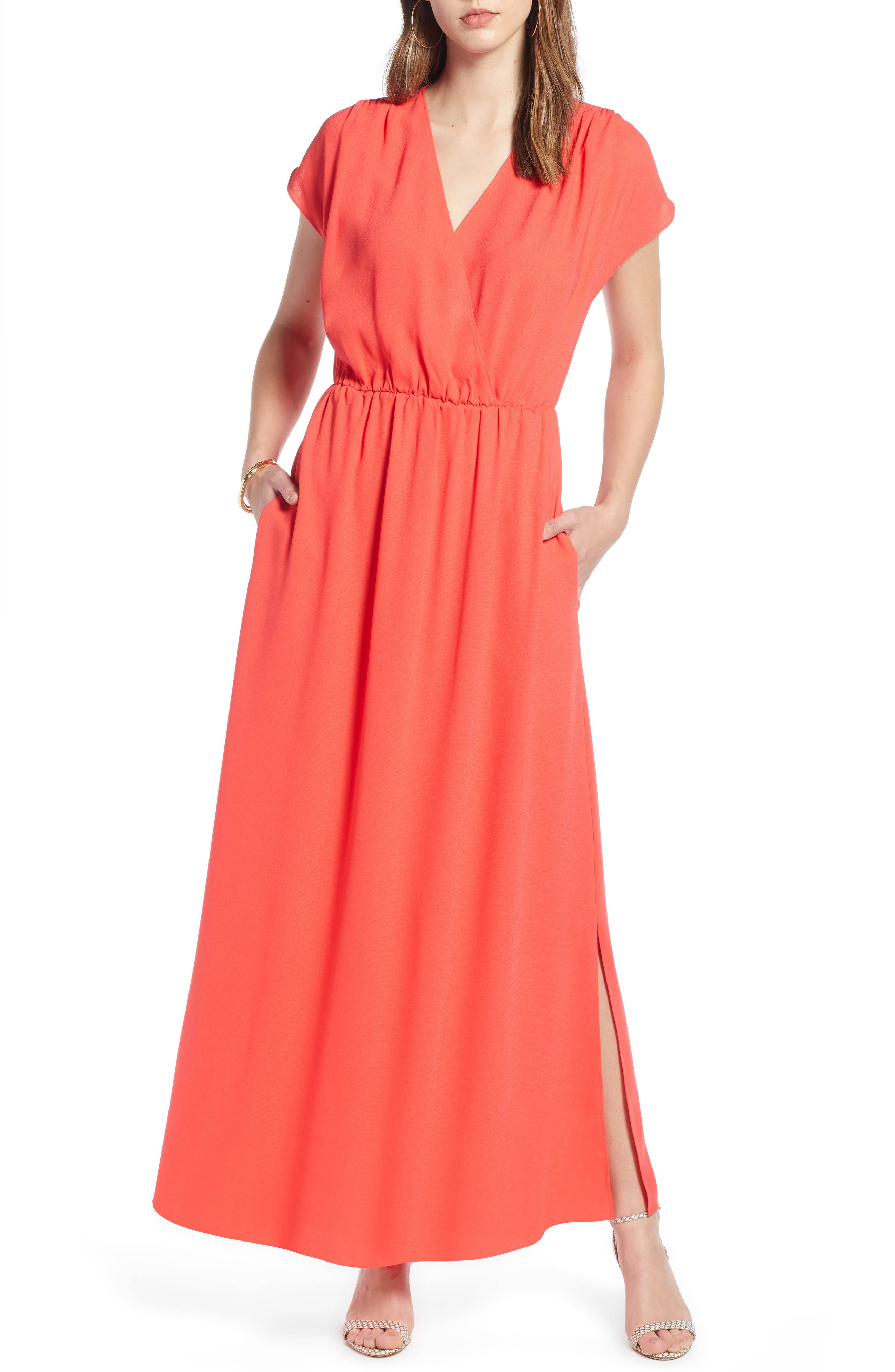 Halogen V-Neck Maxi Dress, Red