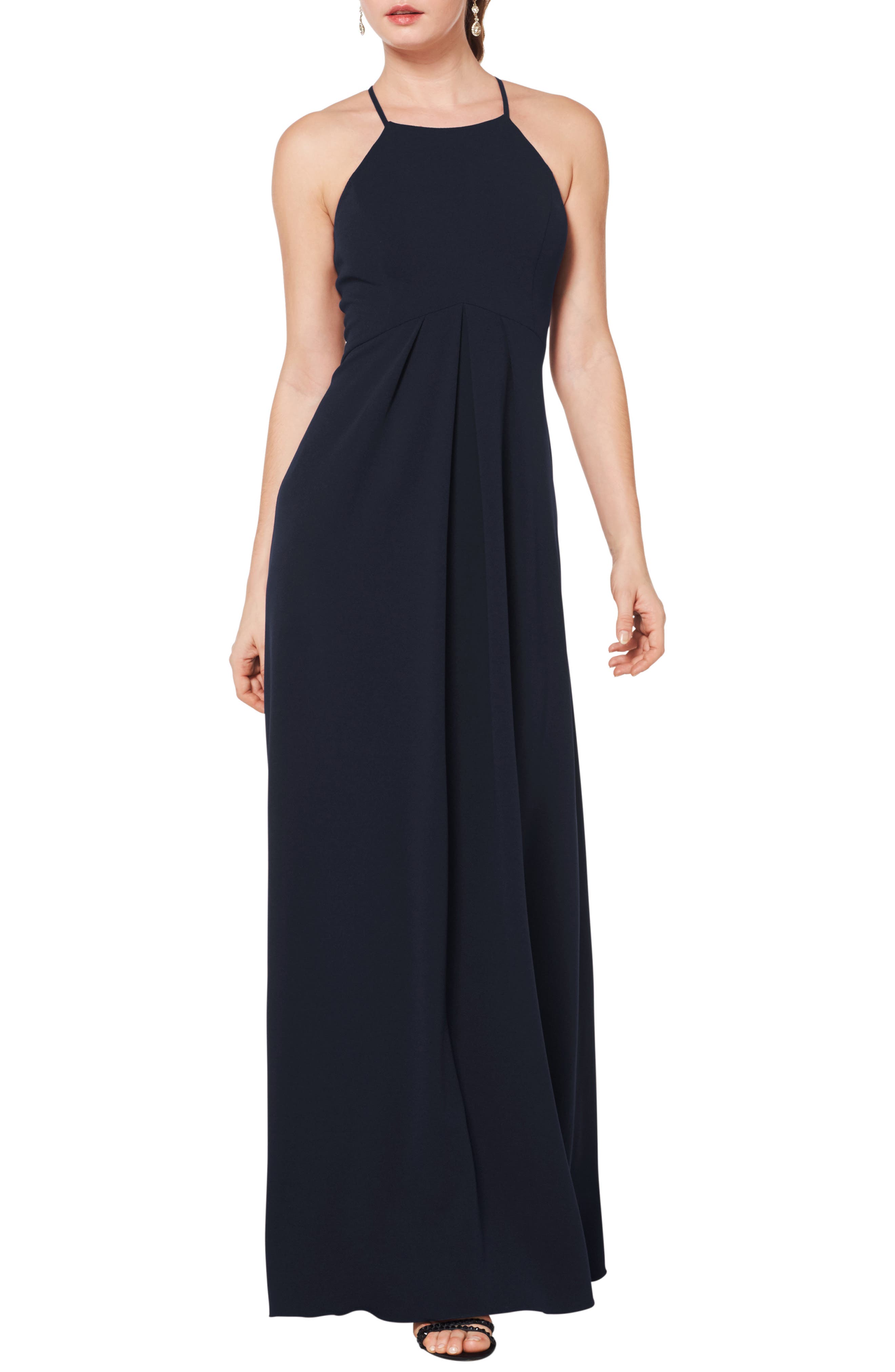 #levkoff Halter Crepe A-Line Gown, Blue