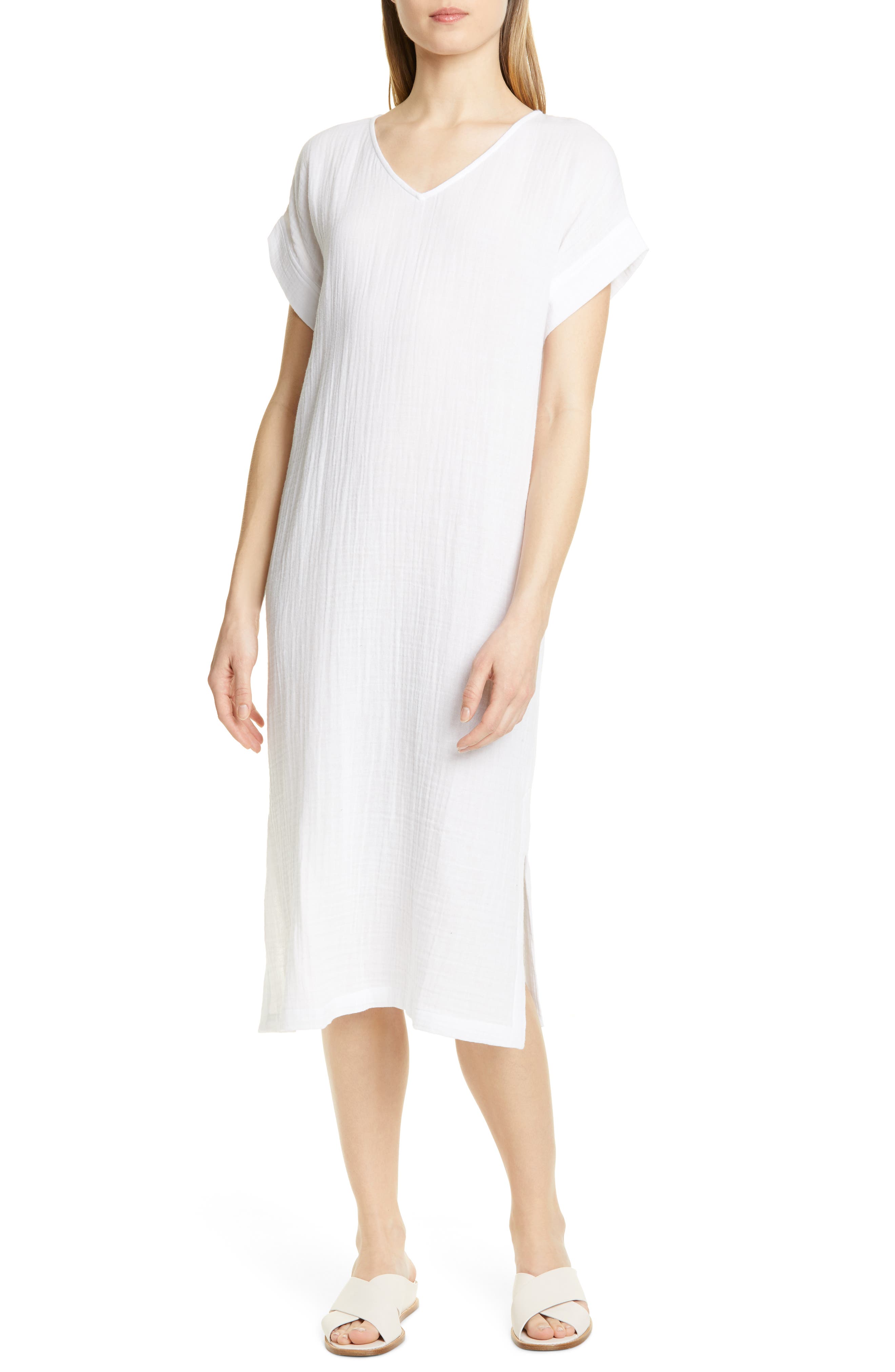 Petite Eileen Fisher Organic Cotton Midi Dress, White