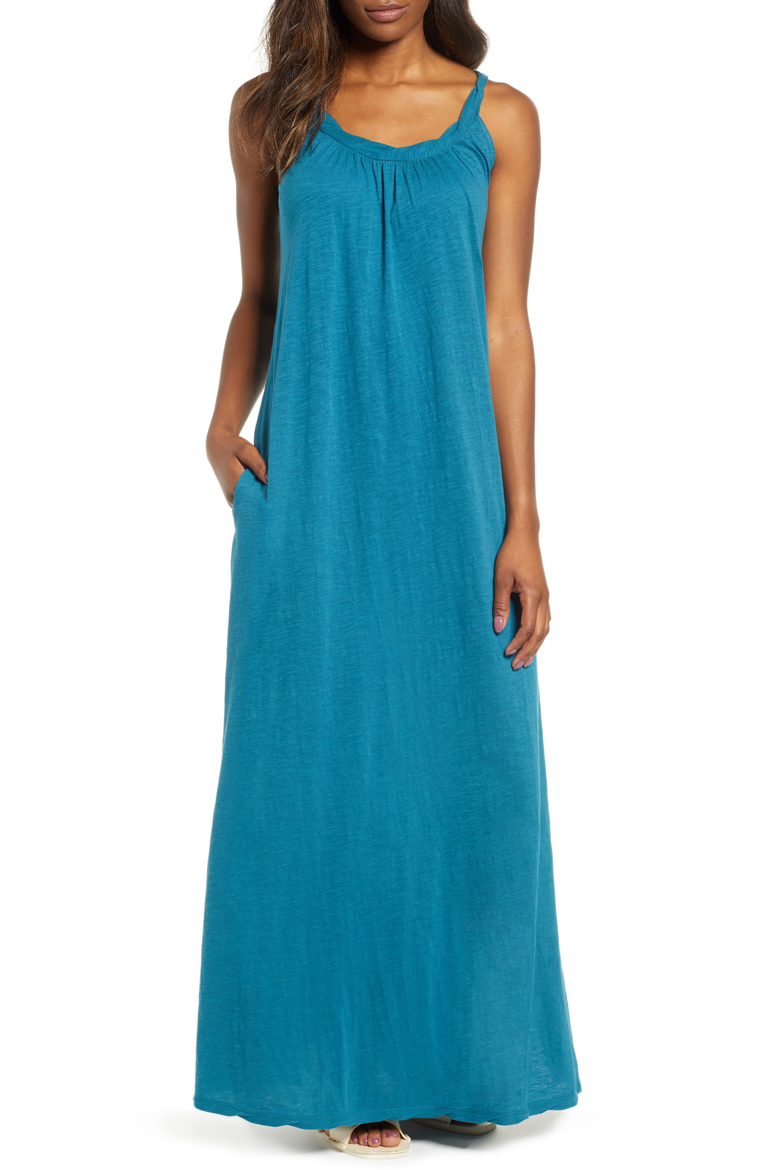 Petite Caslon Twist Neck Maxi Dress, Blue/green