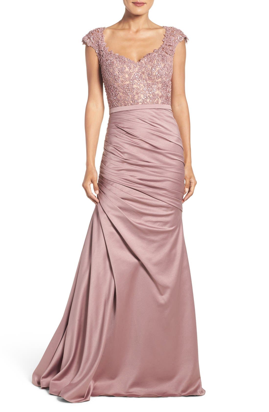 La Femme Embellished Lace & Satin Mermaid Gown, Pink