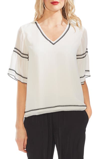Vince Camuto Tops BELL SLEEVE EMBROIDERED CHIFFON TOP