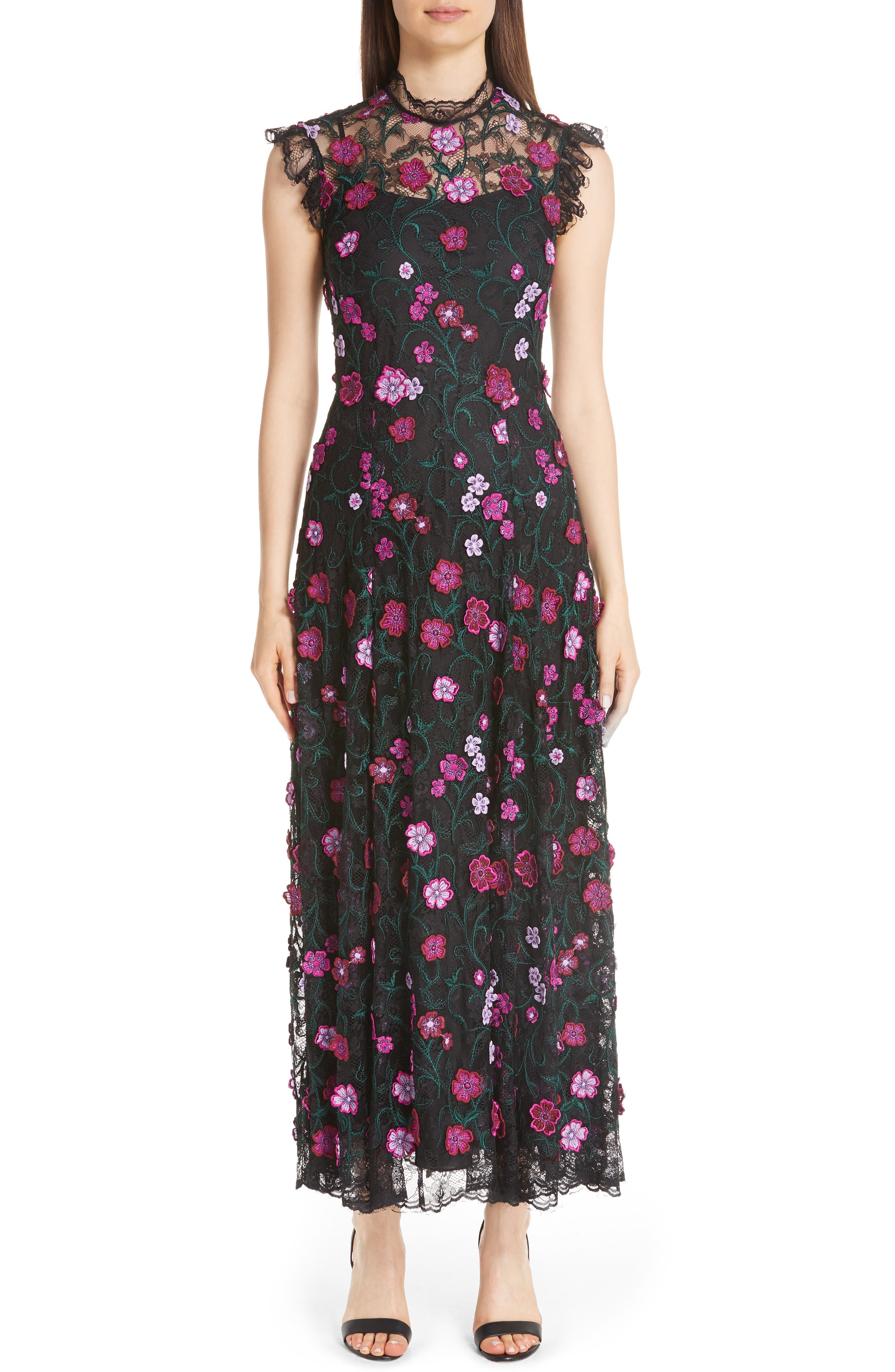 Lela Rose 3D Embroidered Floral Lace Dress, Pink