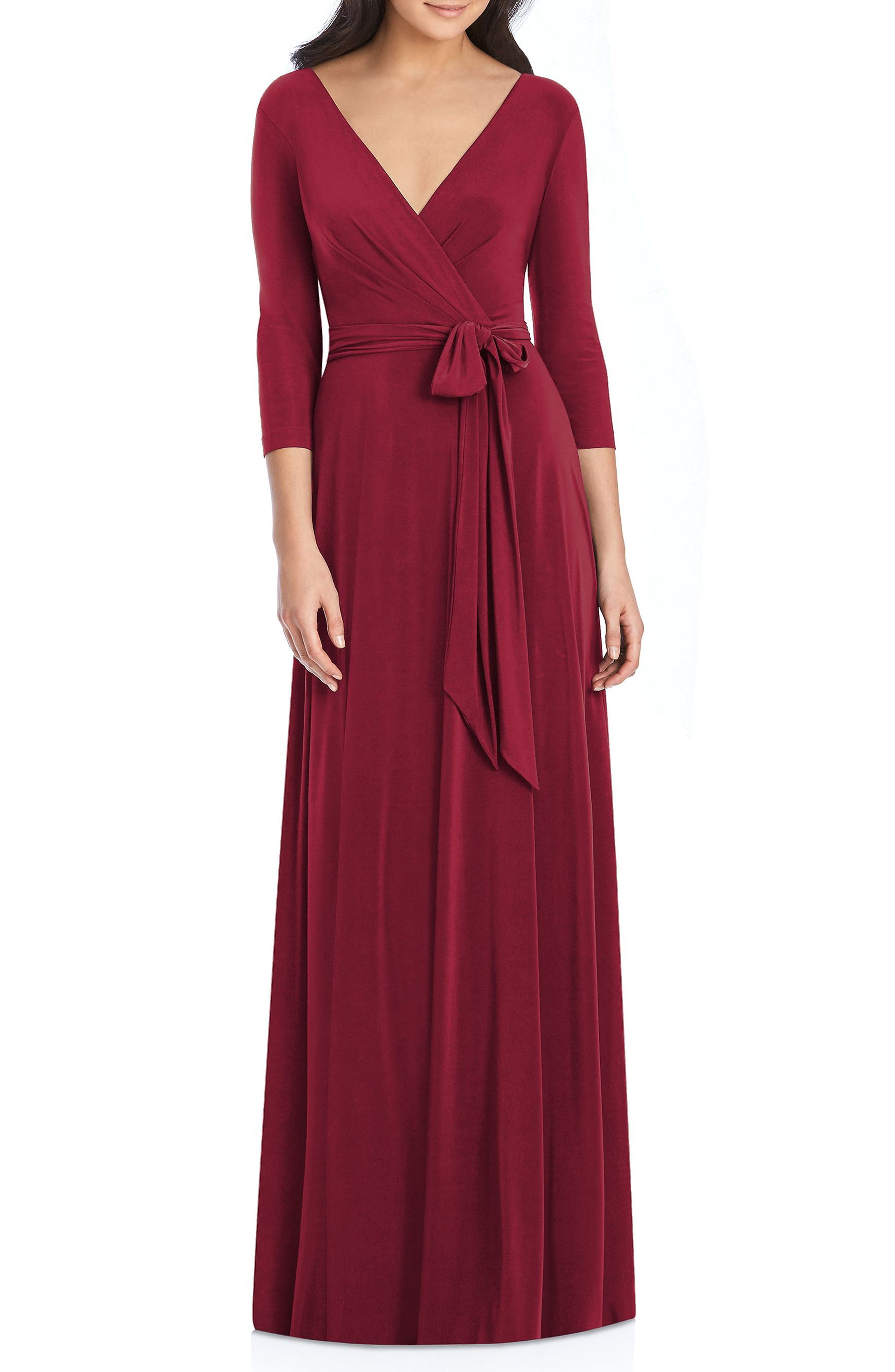 Dessy Collection Jersey Tie Waist Gown, Burgundy