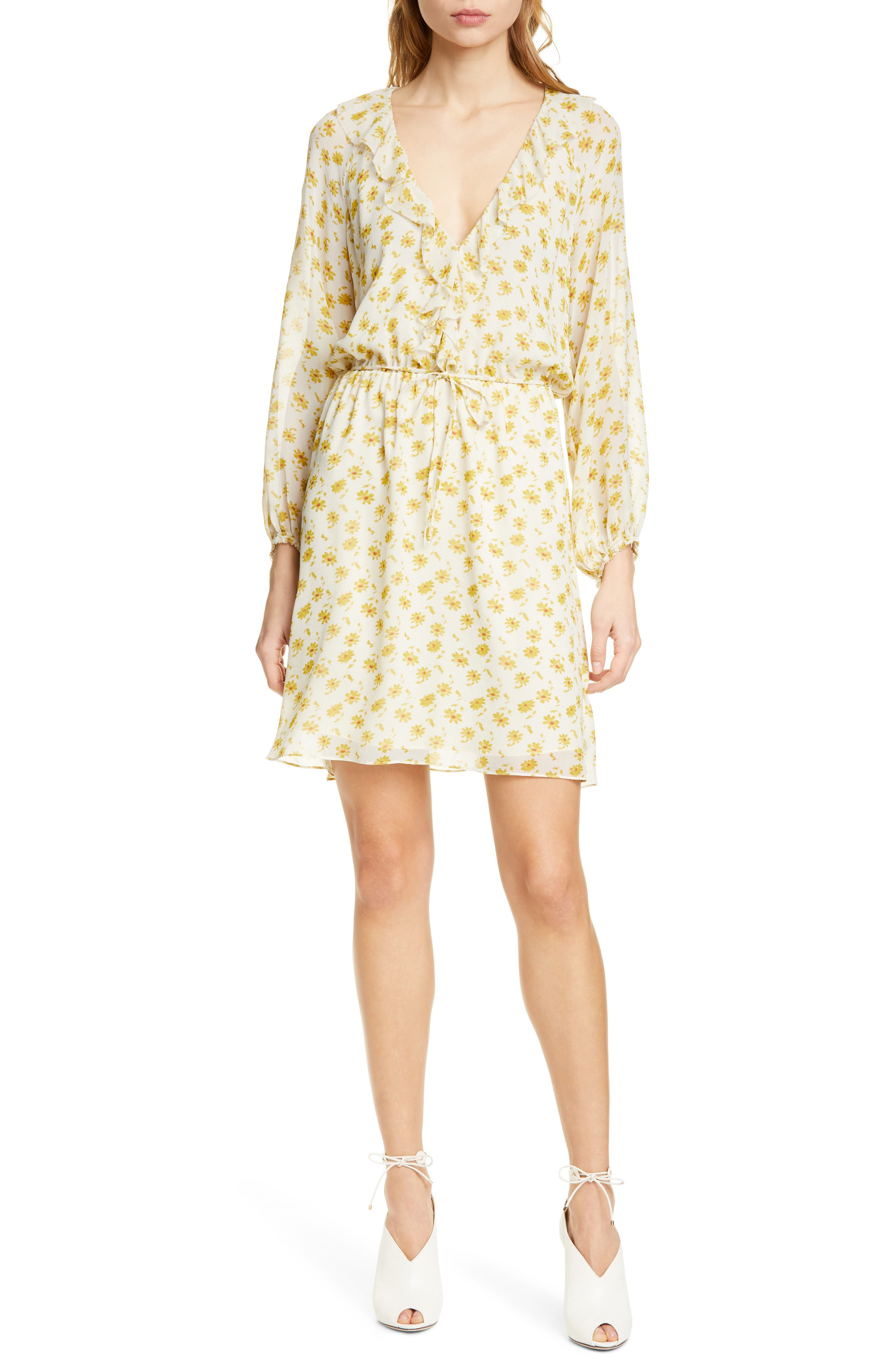 Joie Marelle Ruffle Neck Long Sleeve Silk Dress, Yellow