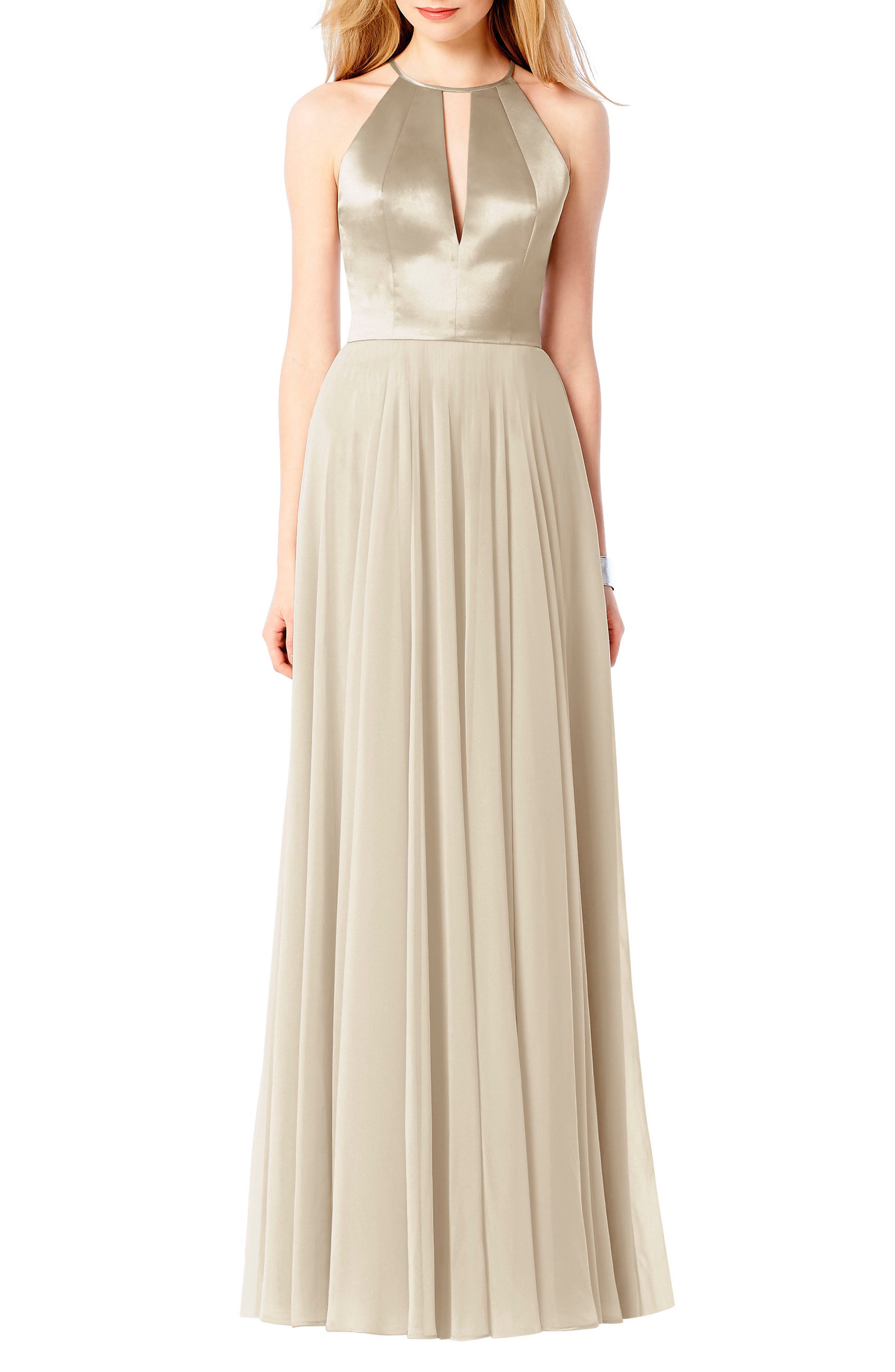 After Six Satin & Chiffon Gown, Beige