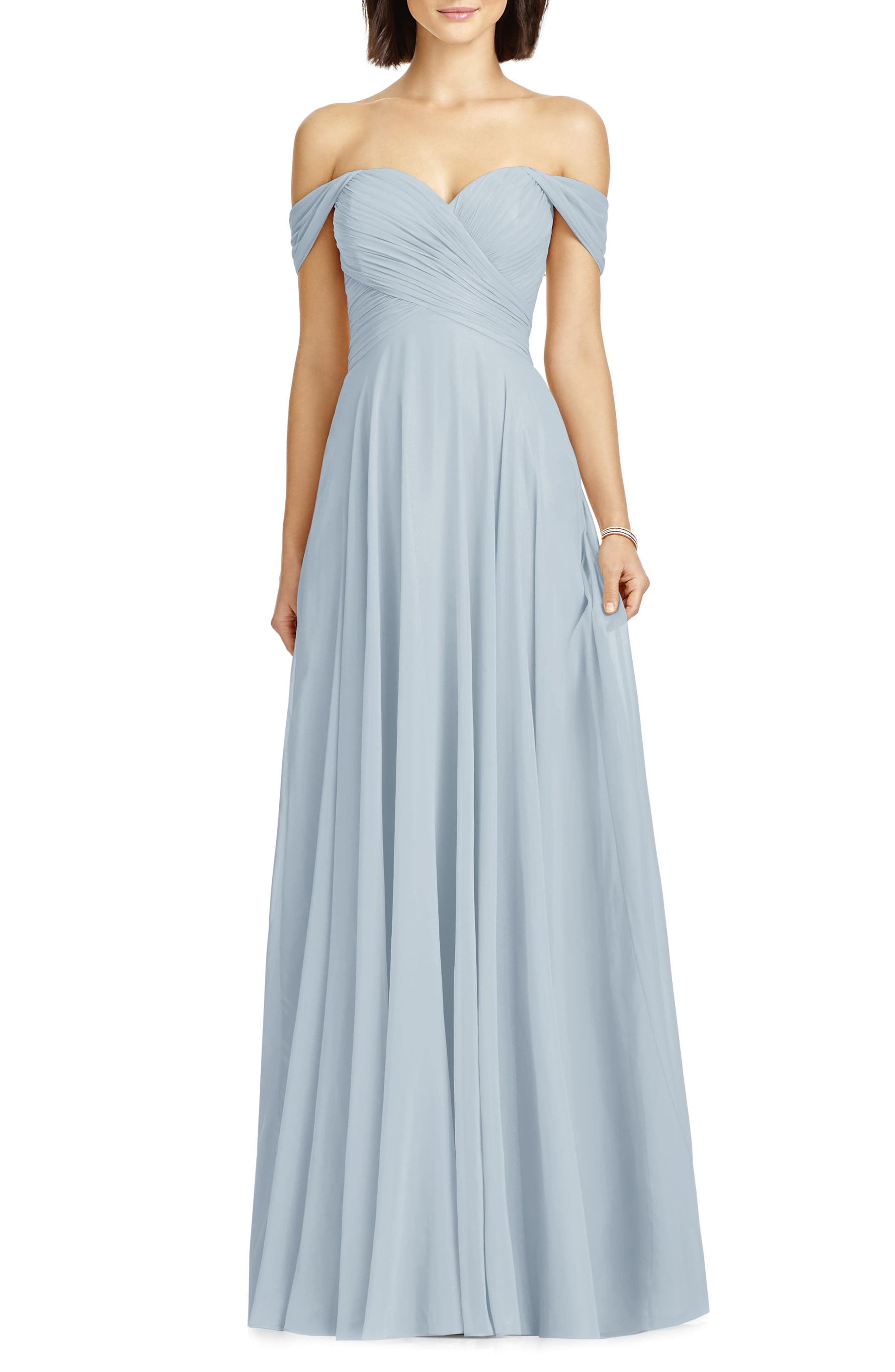 Dessy Collection Lux Ruched Off The Shoulder Chiffon Gown, Blue