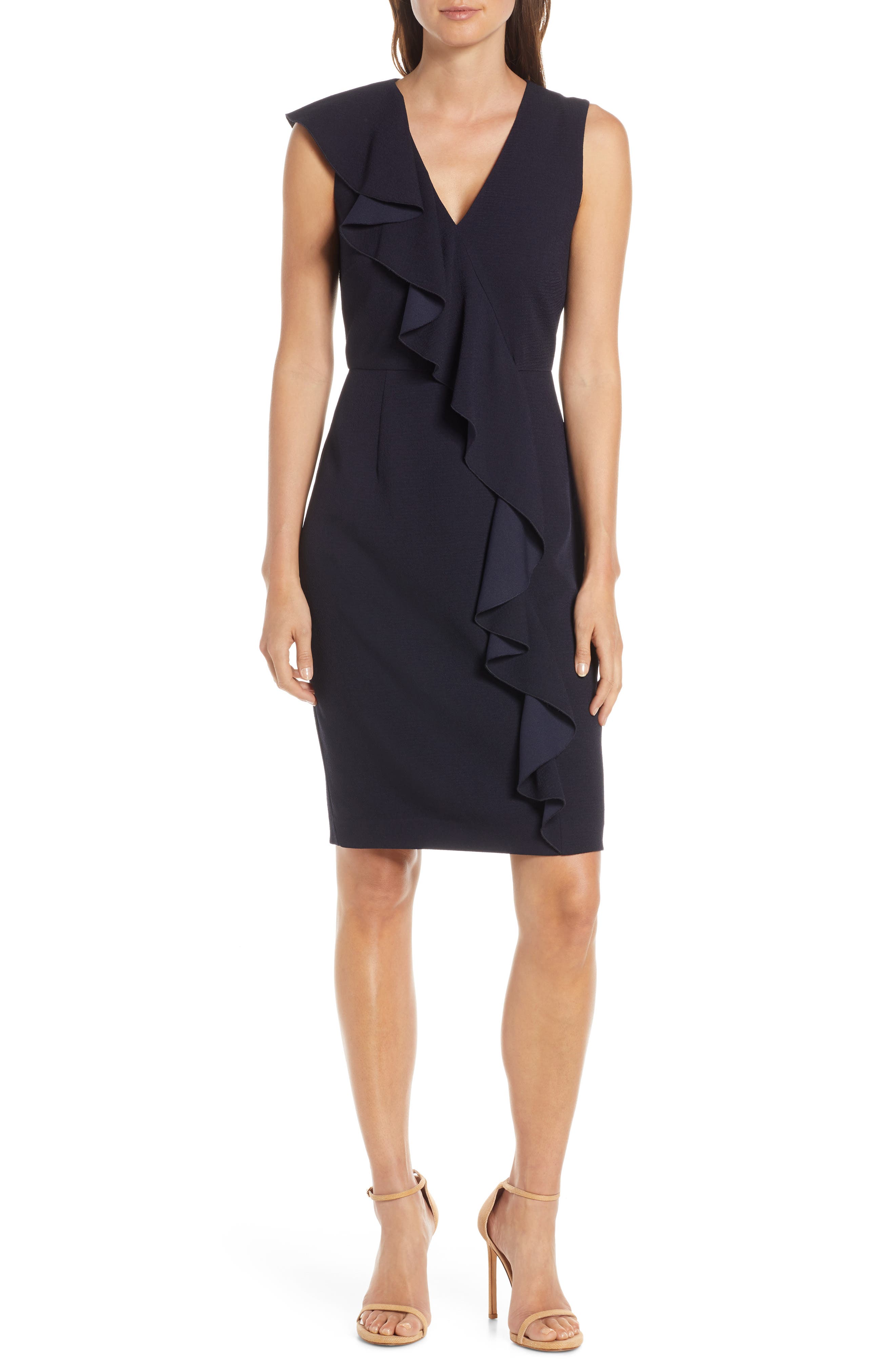 Eliza J Ruffle Crepe Sheath Dress, Blue