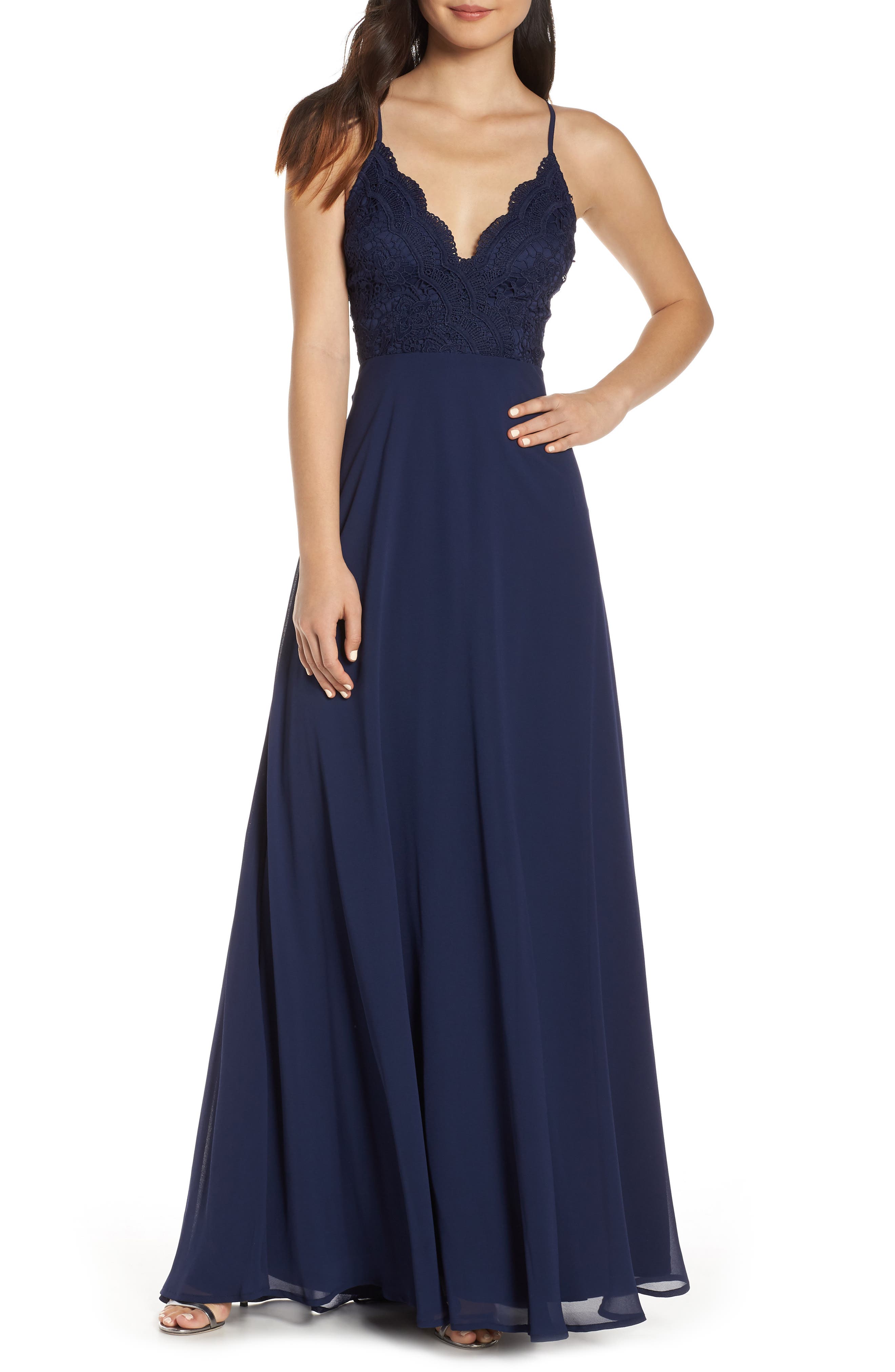 Lulus Madalyn V-Neck Lace & Chiffon Evening Dress, Blue
