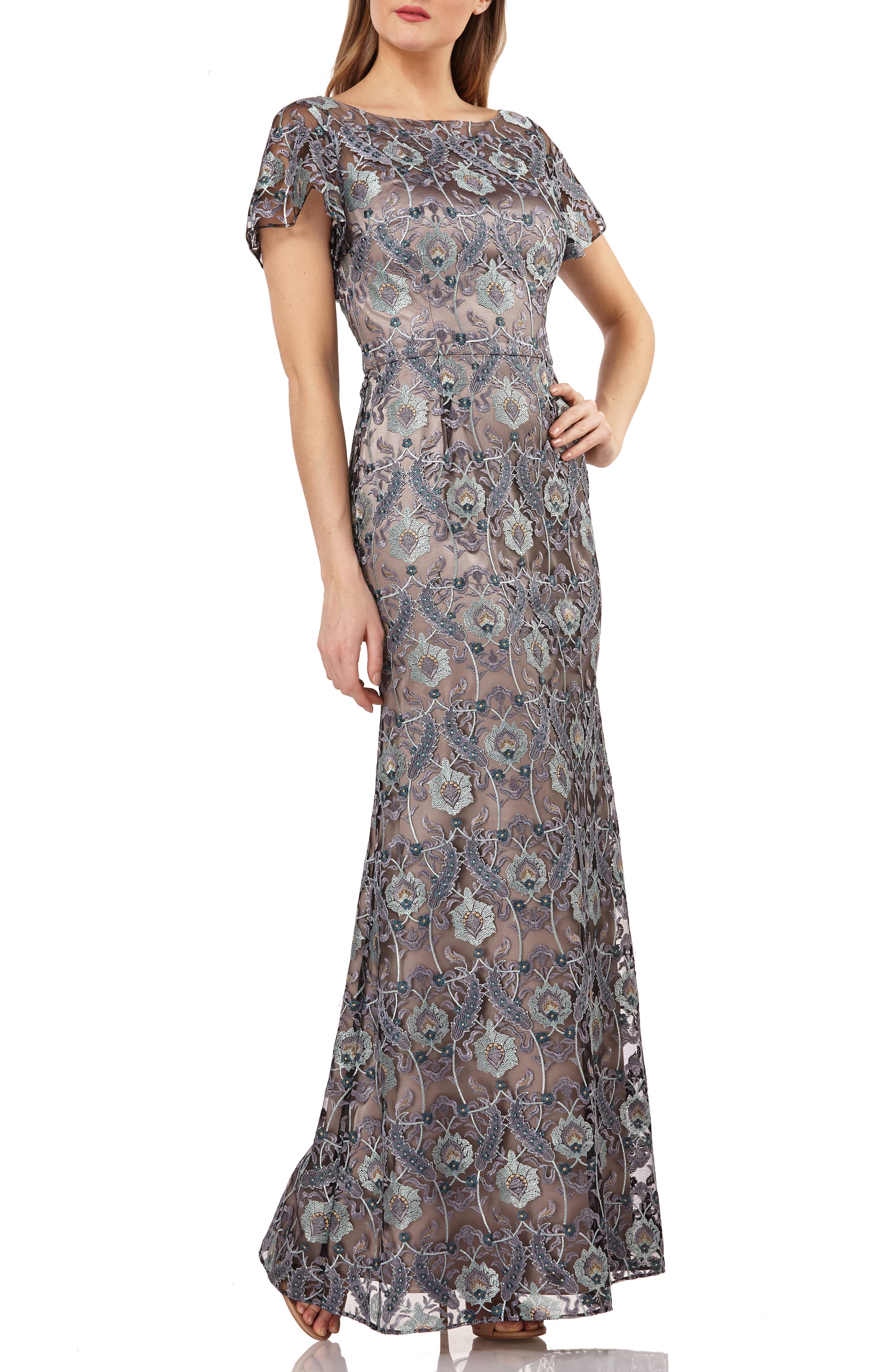 Js Collection Embroidered Overlay Illusion Lace Evening Dress, Grey
