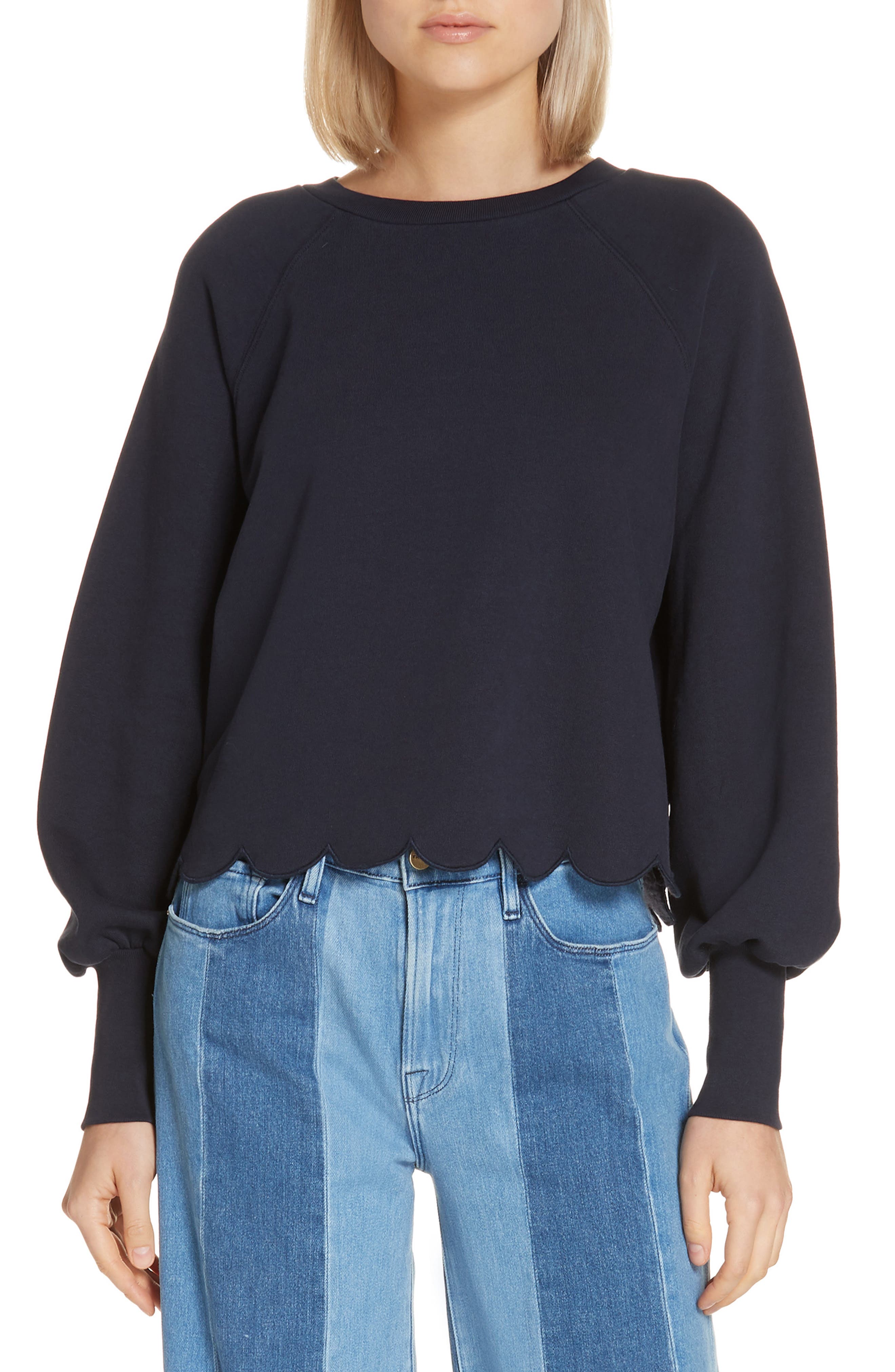 Frame Scallop Hem Puff Sleeve Sweatshirt, Blue