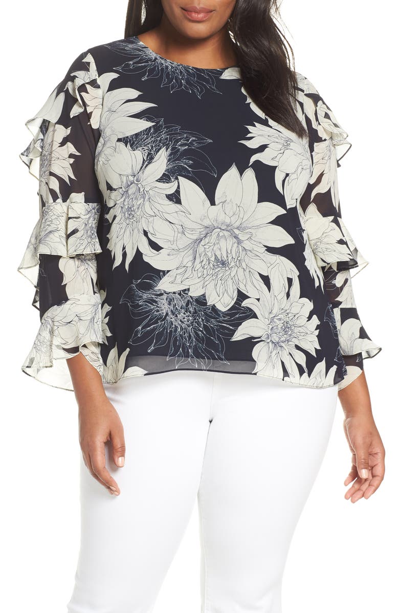Vince Camuto Tops PAGODA BLOSSOMS TIERED RUFFLE SLEEVE BLOUSE