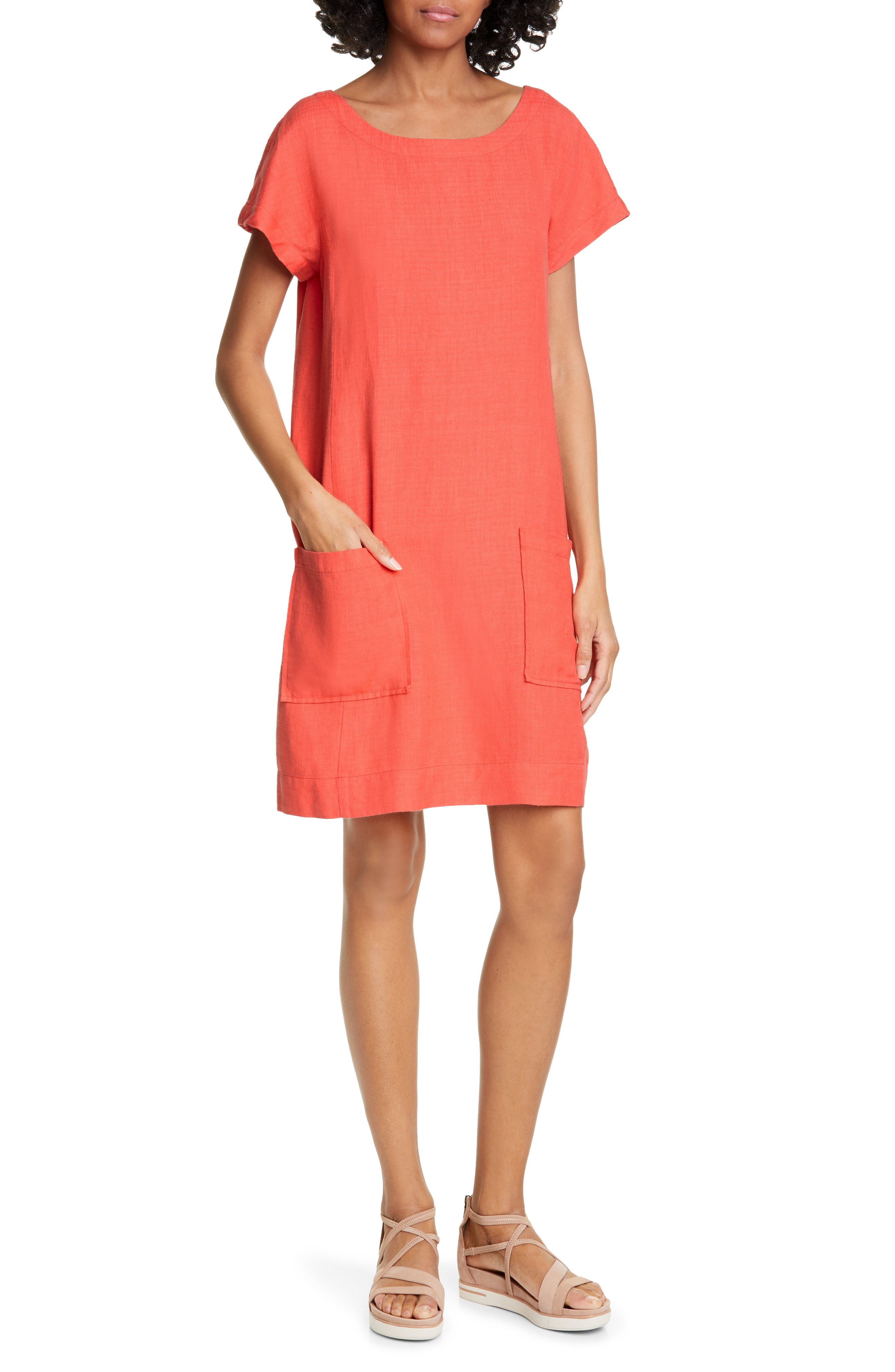 Petite Eileen Fisher Bateau Neck Linen Blend Shift Dress, Red