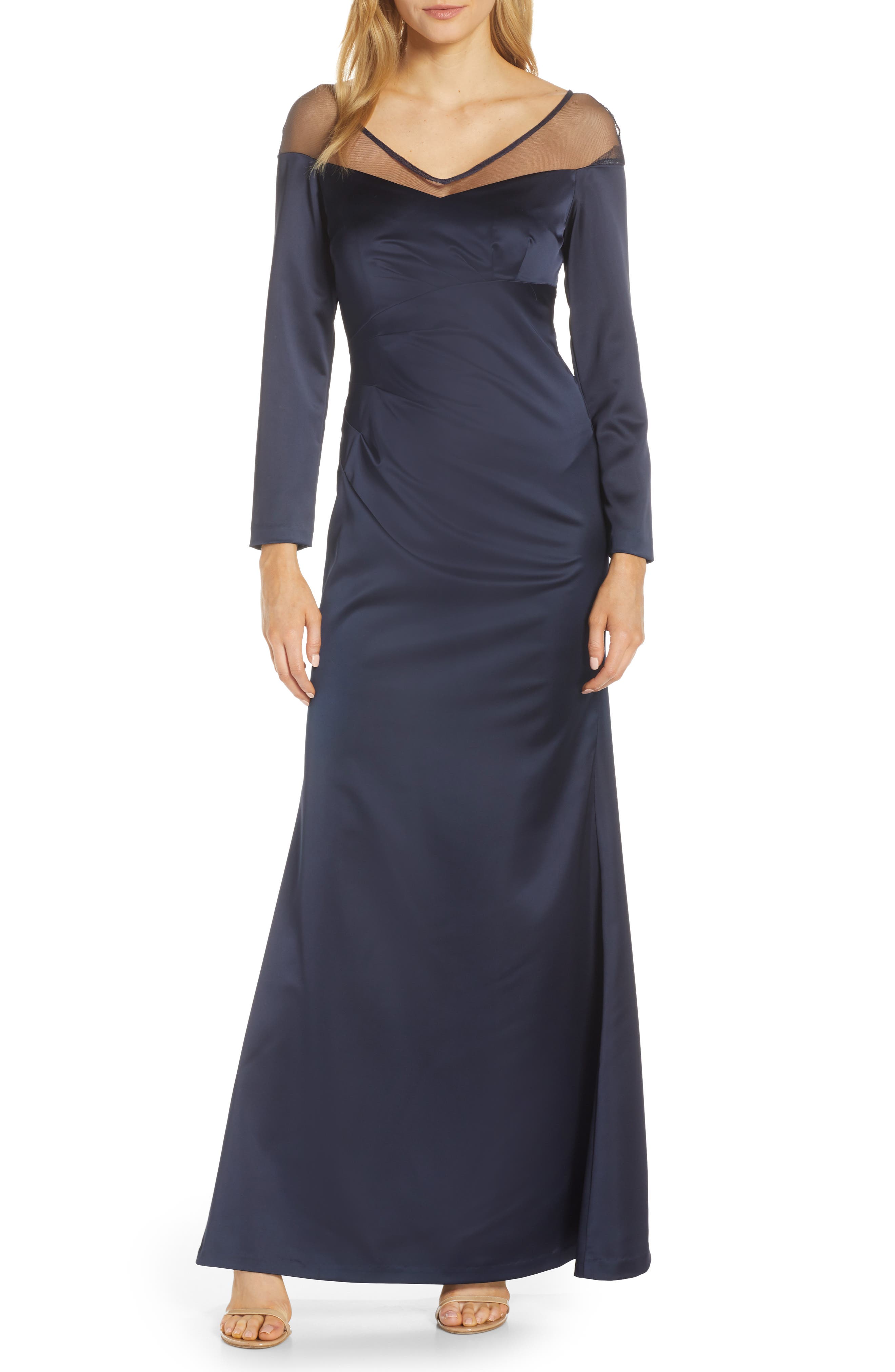Adrianna Papell Long Sleeve Illusion Off The Shoulder Satin Gown, Blue