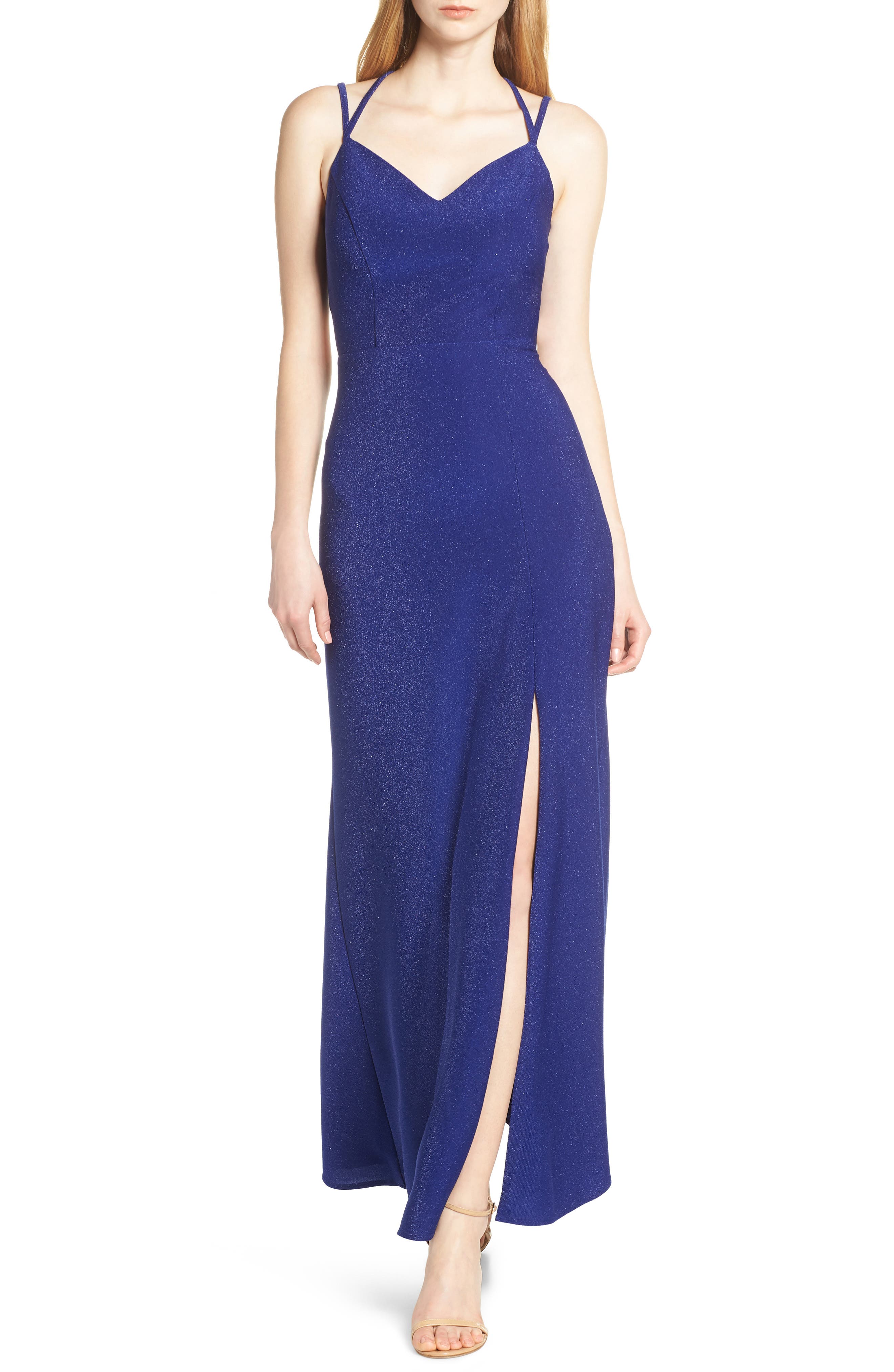 Morgan & Co. Strappy Glitter Knit Evening Dress, Blue