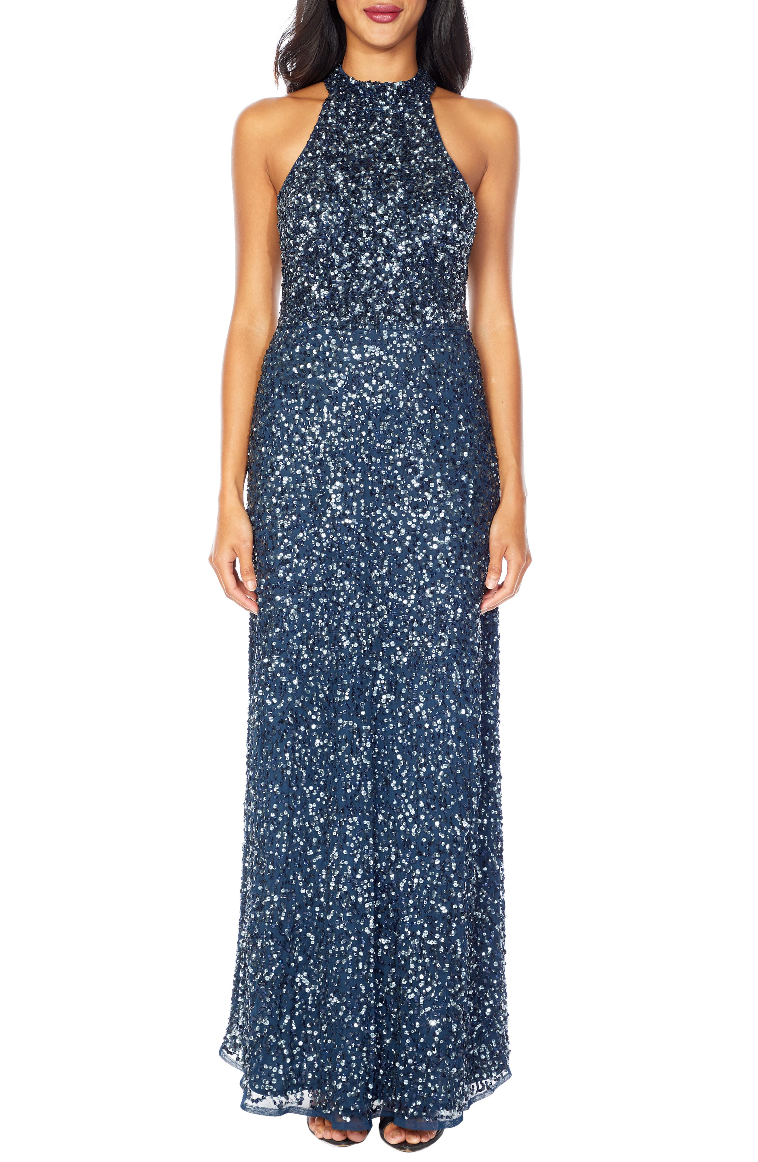 Lace & Beads Annie Sequin Halter Gown, Blue