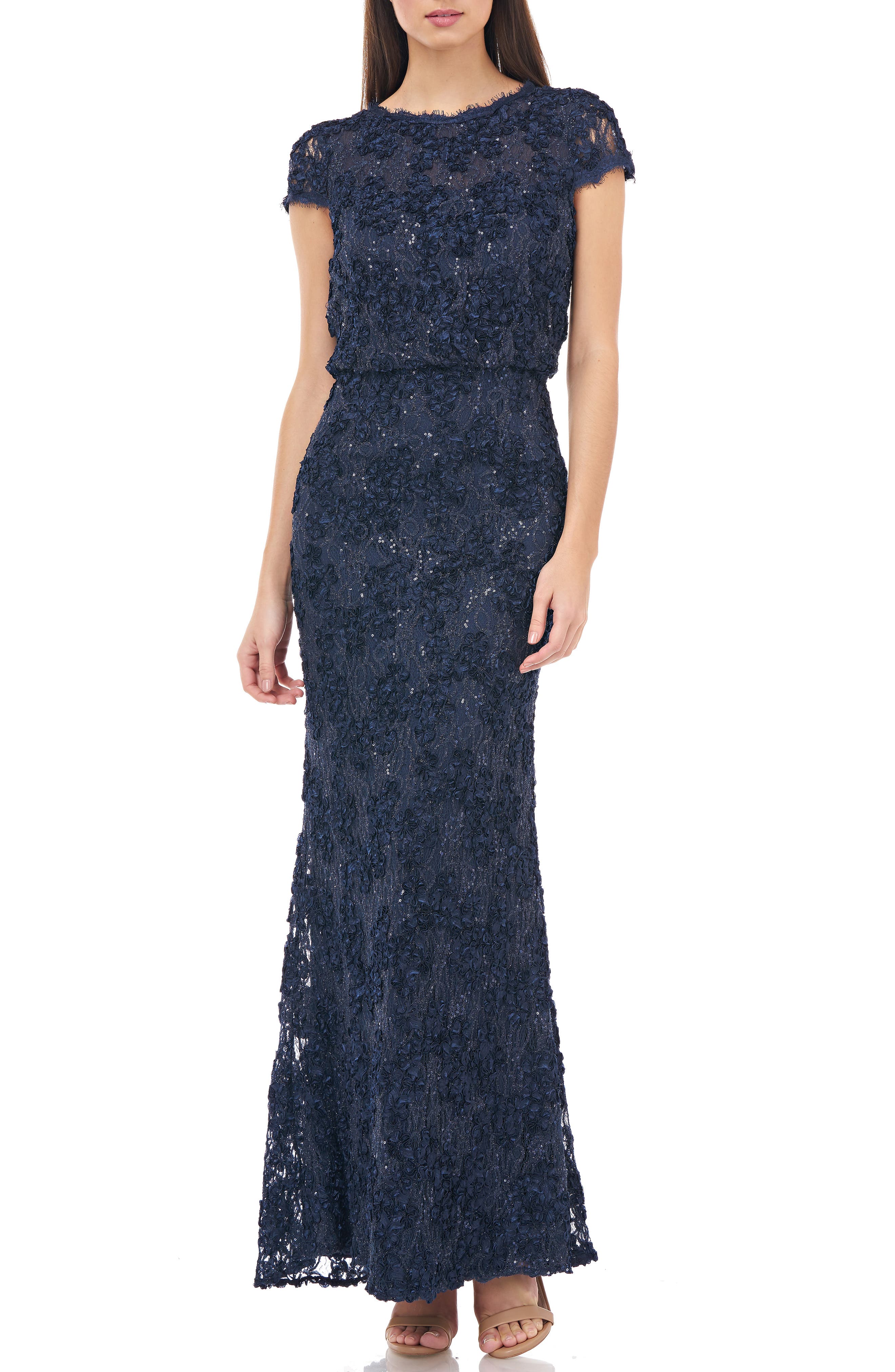 Js Collections Sequin Lace Blouson Gown, Blue