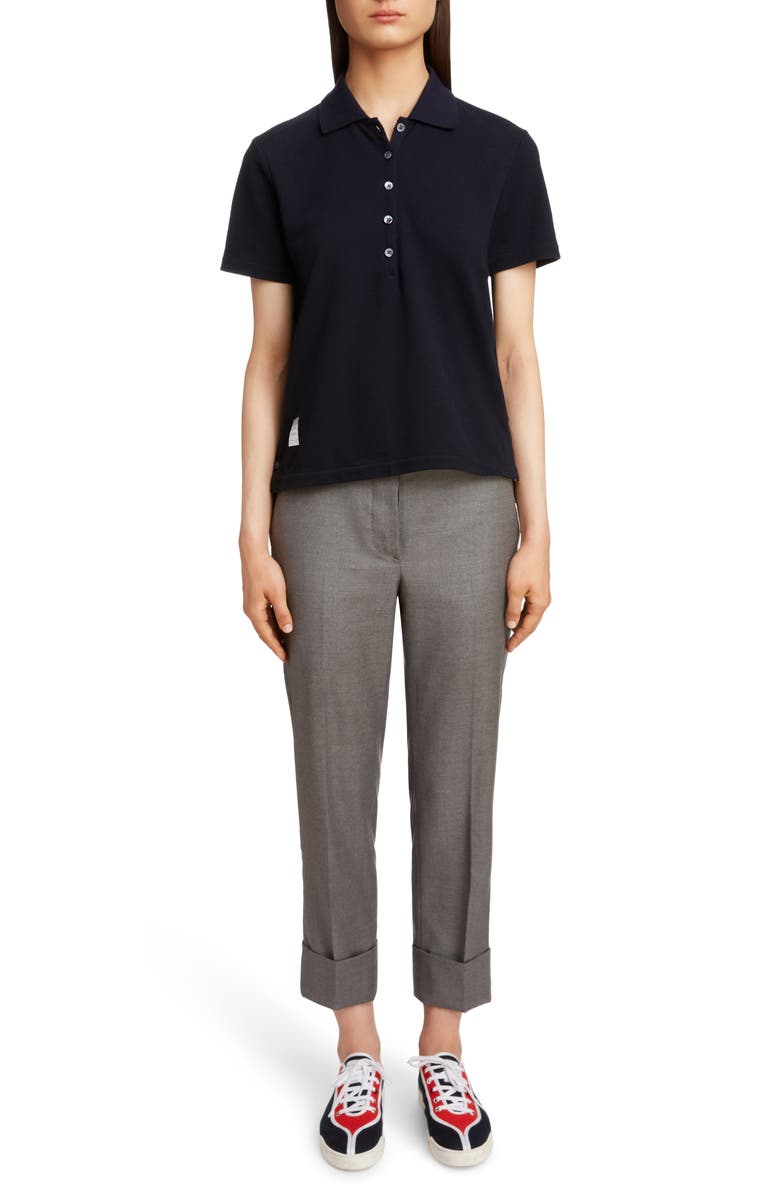 Thom Browne Striped Stretch Knit-trimmed Cotton-piqué Polo Shirt In Navy