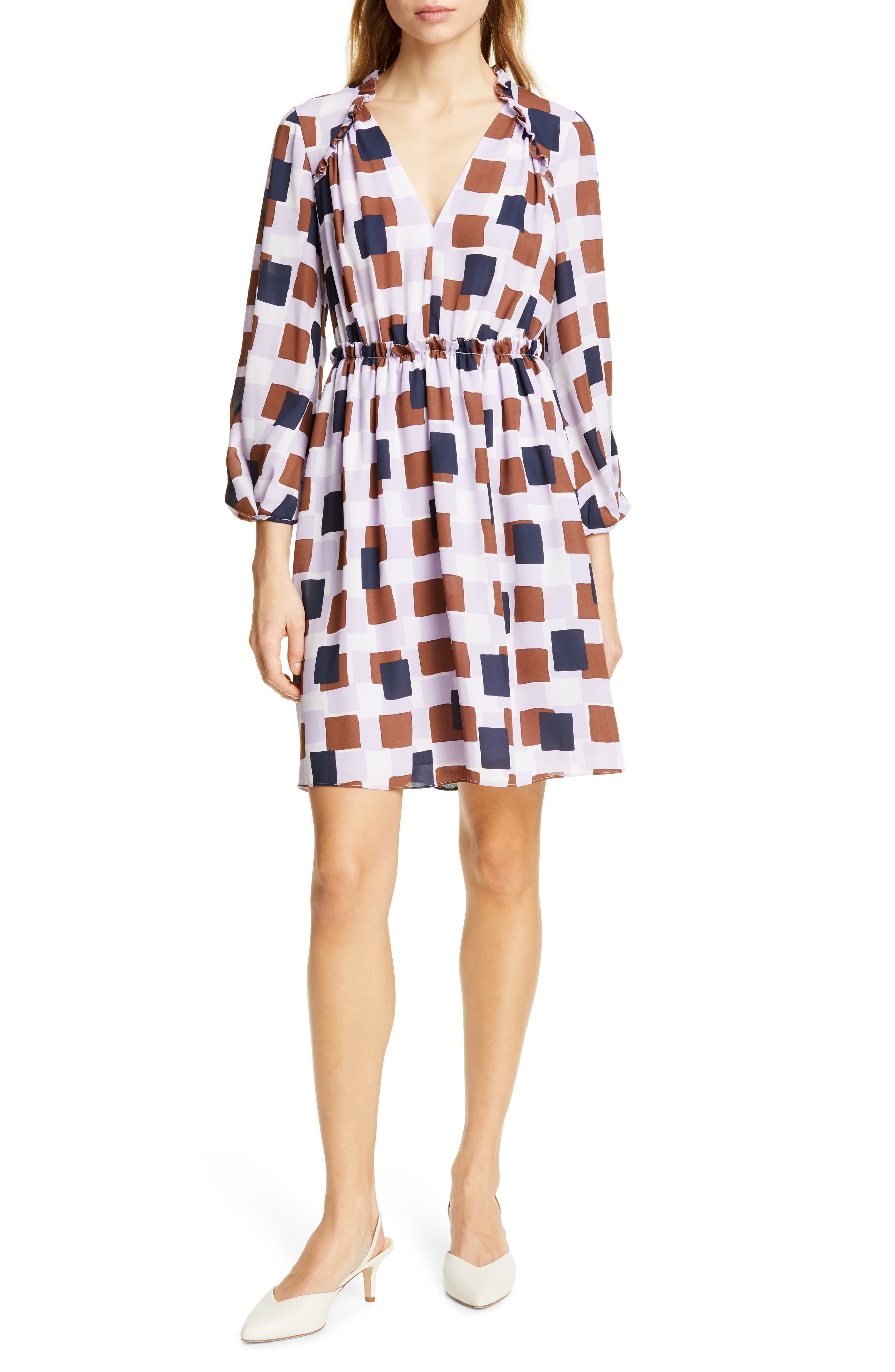 Kate Spade New York Geo Squares Long Sleeve Dress, Purple
