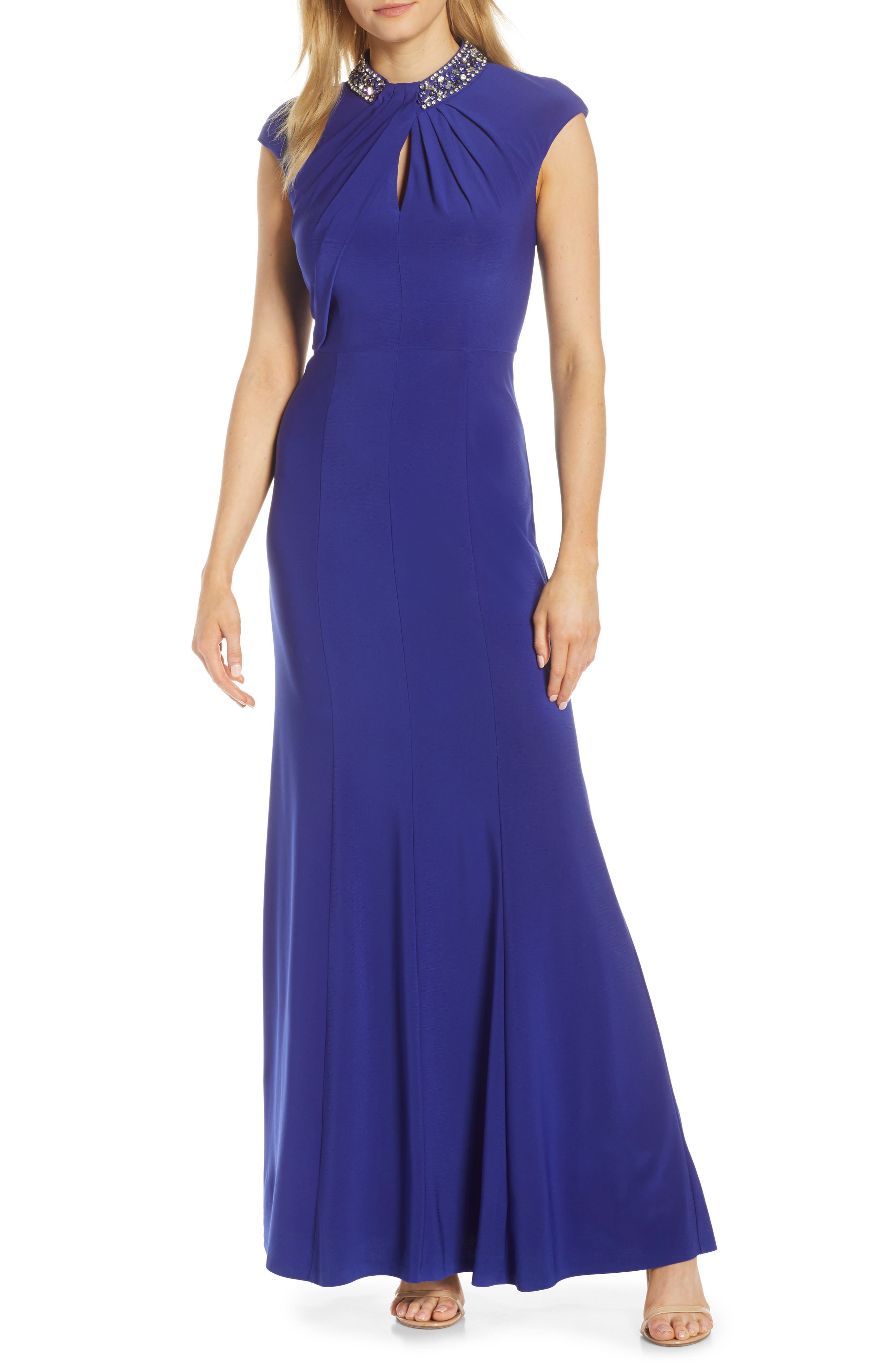 Petite Vince Camuto Embellished Twist Neck Gown, Blue
