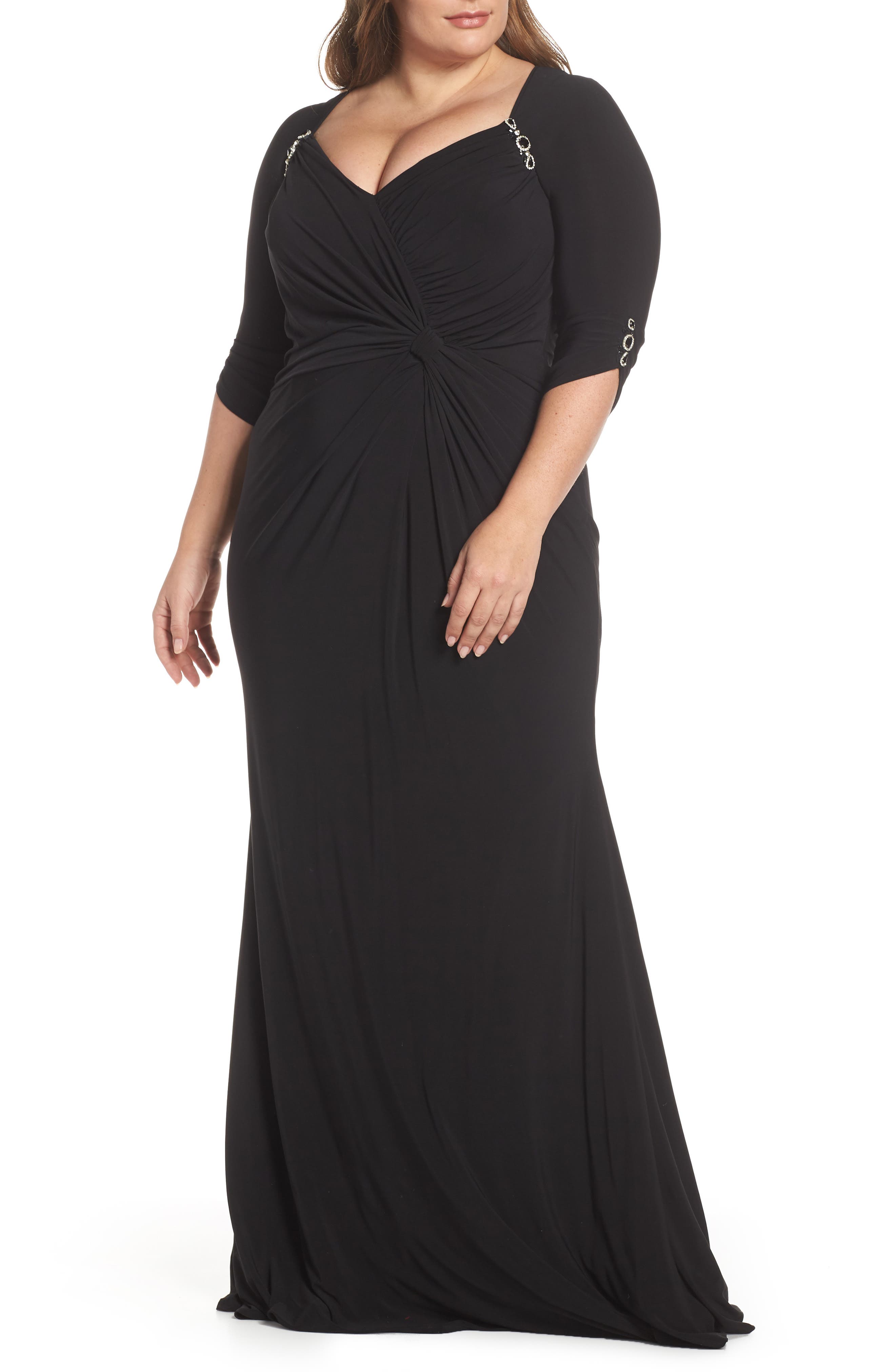 Plus Size MAC Duggal Crystal Embellished Twist Front Evening Dress, Black