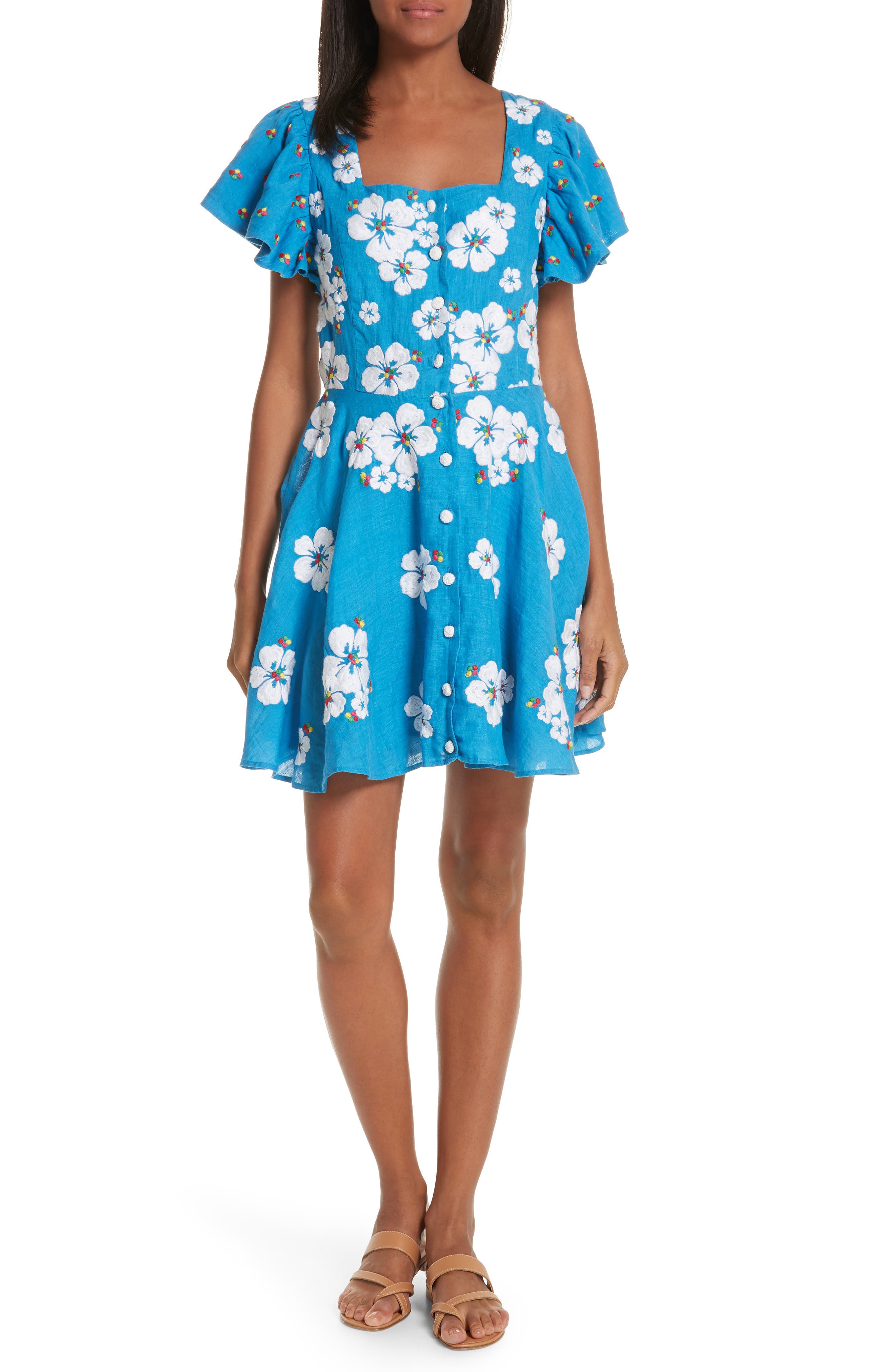 All Things Mochi Kay Embroidered Linen Dress, Blue