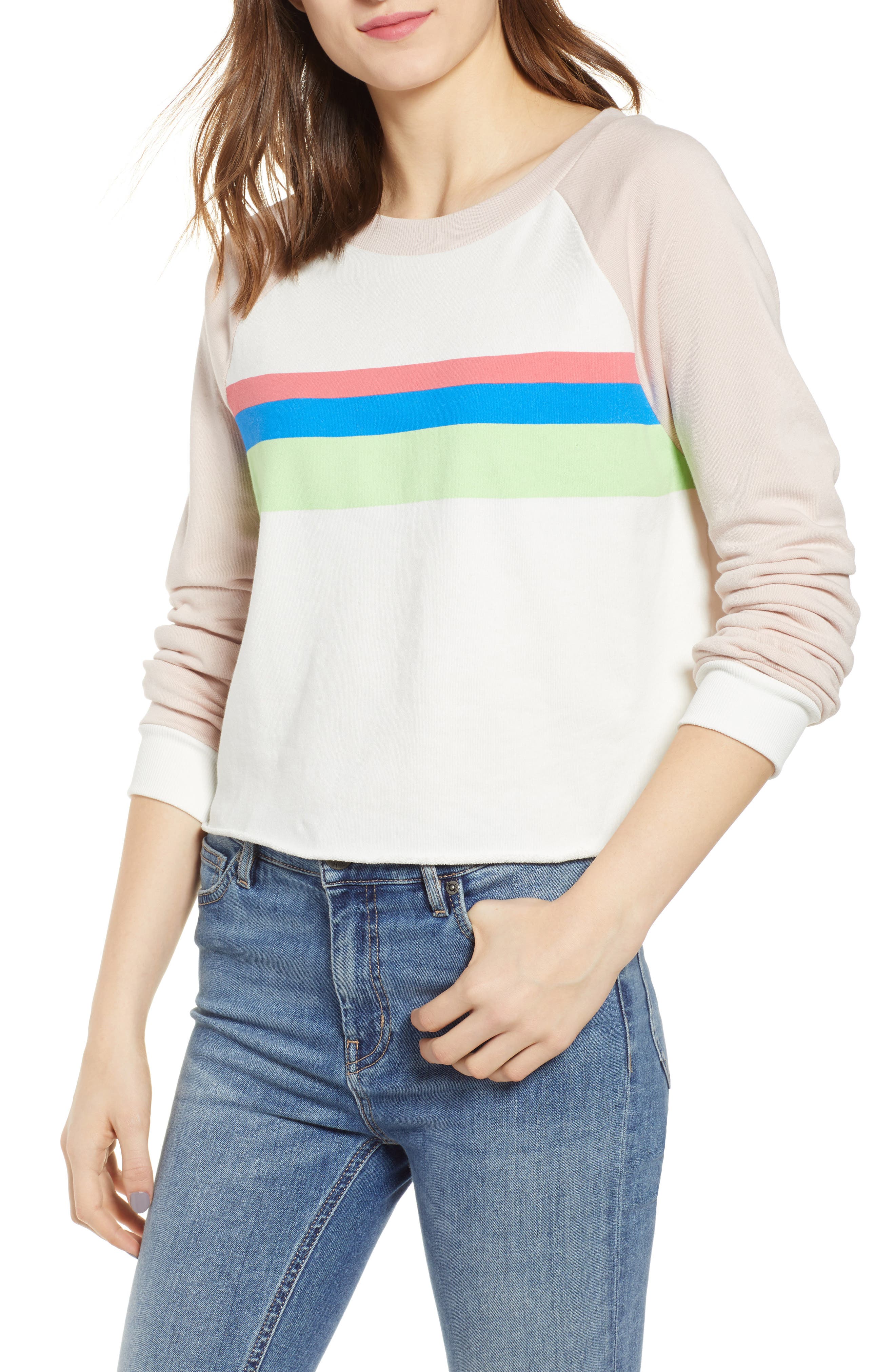 Wildfox Beach House Mellow Stripe Crop Cotton Sweatshirt, Pink