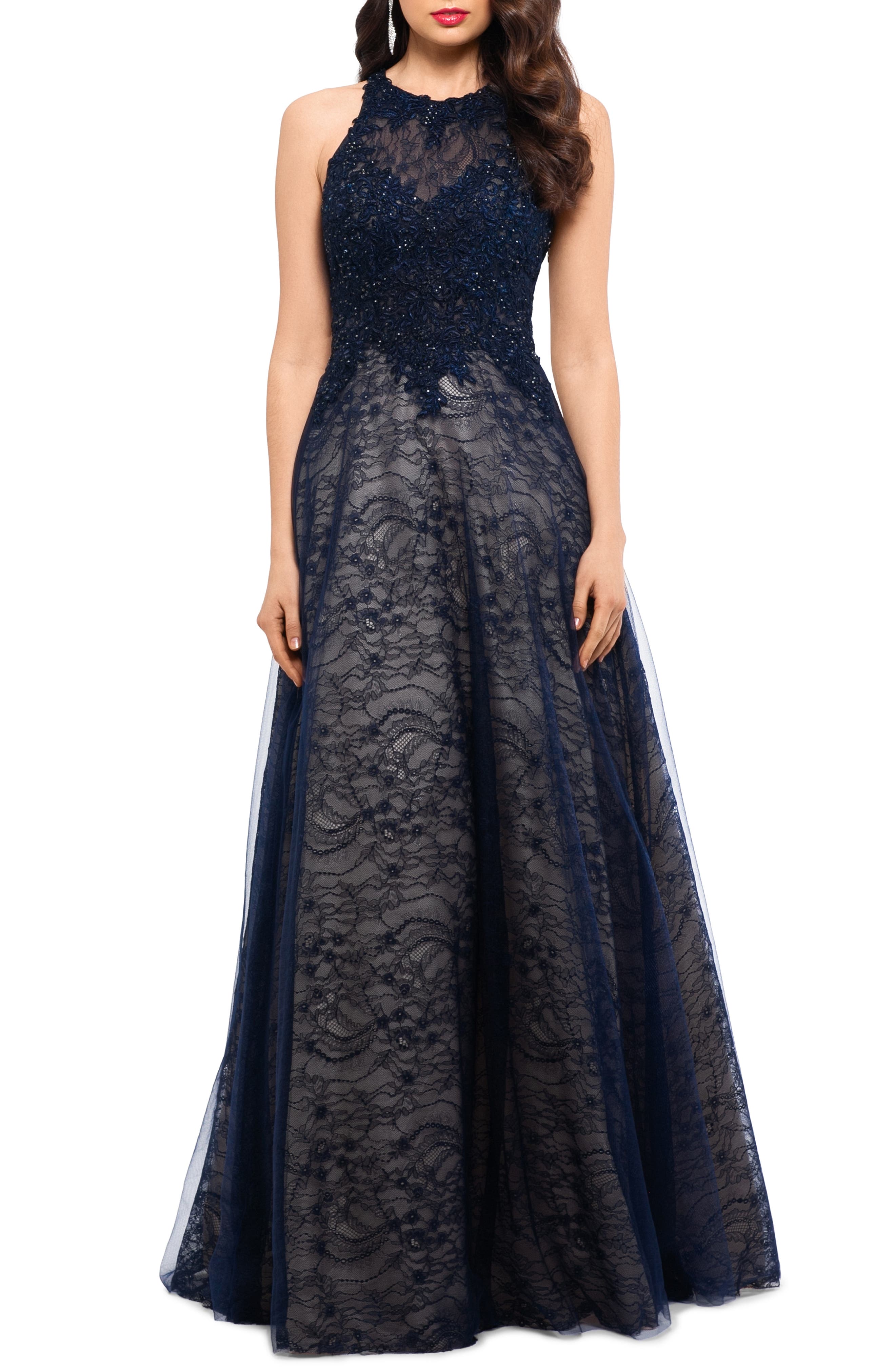 Xscape Sparkling Lace Evening Dress, Blue