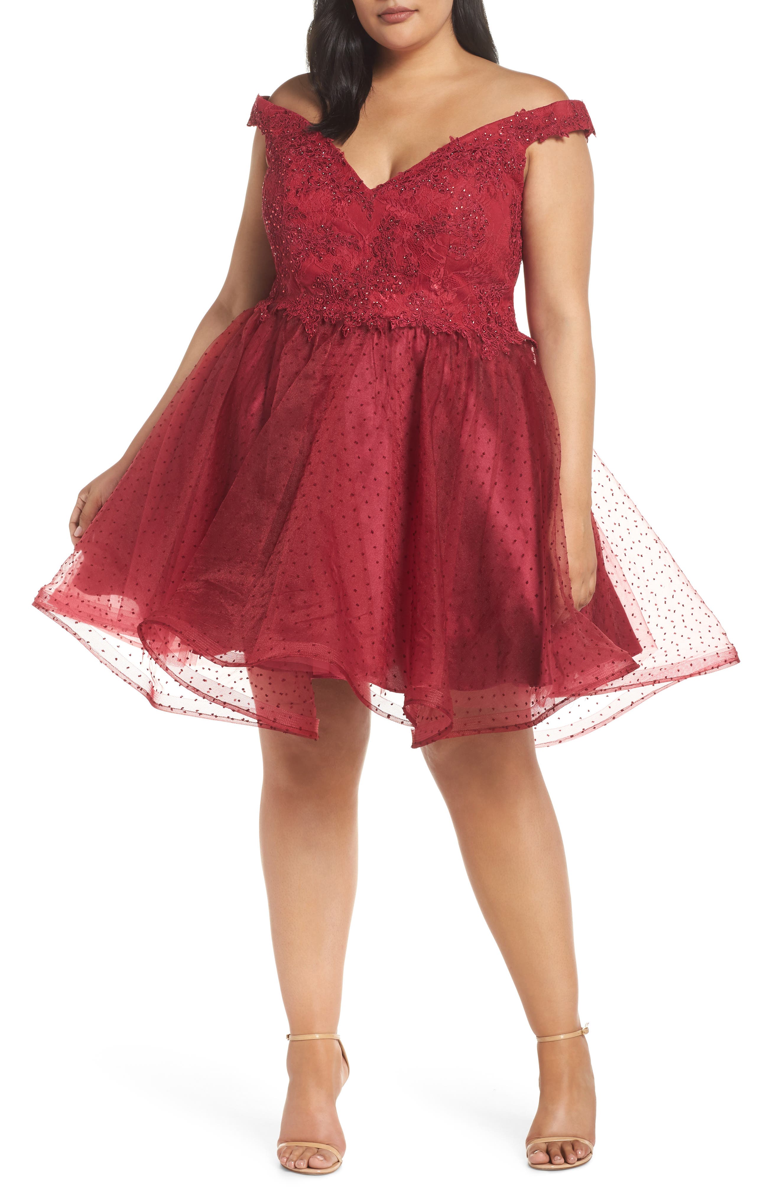 Plus Size MAC Duggal Off The Shoulder Swiss Dot Party Dress, Burgundy
