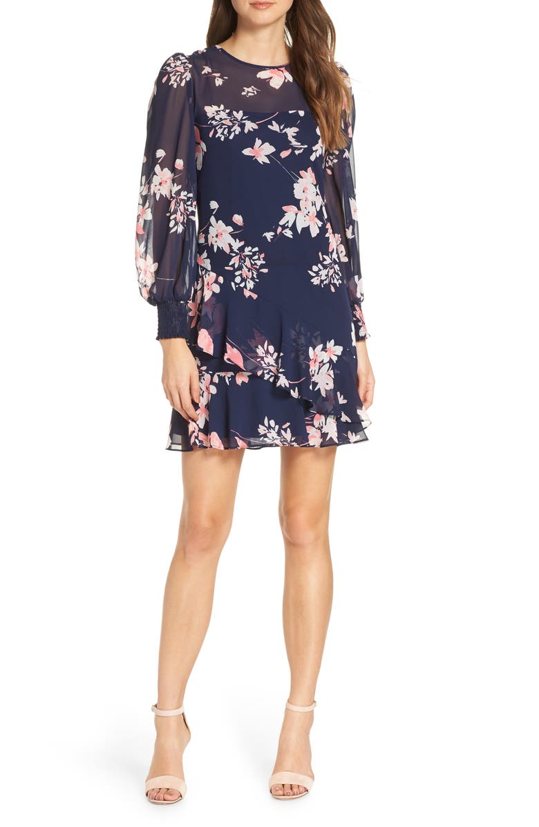 Eliza J Dresses FLORAL ASYMMETRICAL RUFFLE SHIFT DRESS