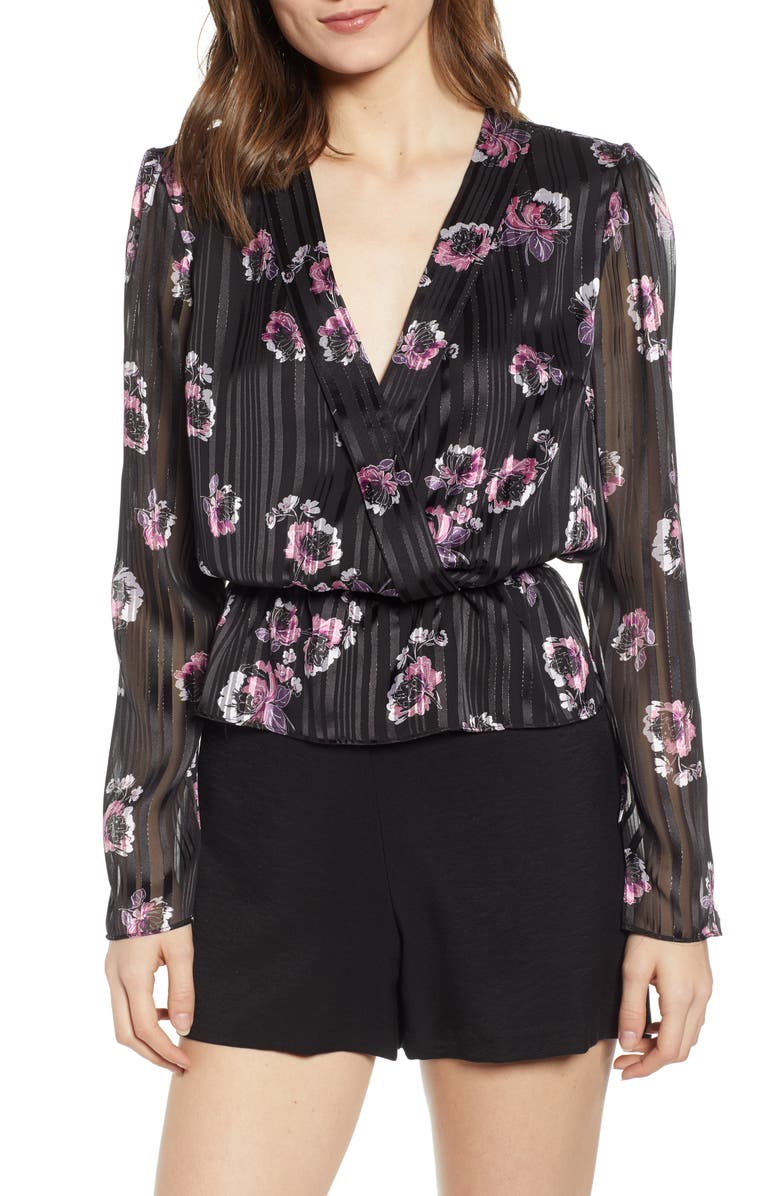 WAYF Floral Print Peplum Top, Main, color, BLACK FLORAL SHADOW STRIPE
