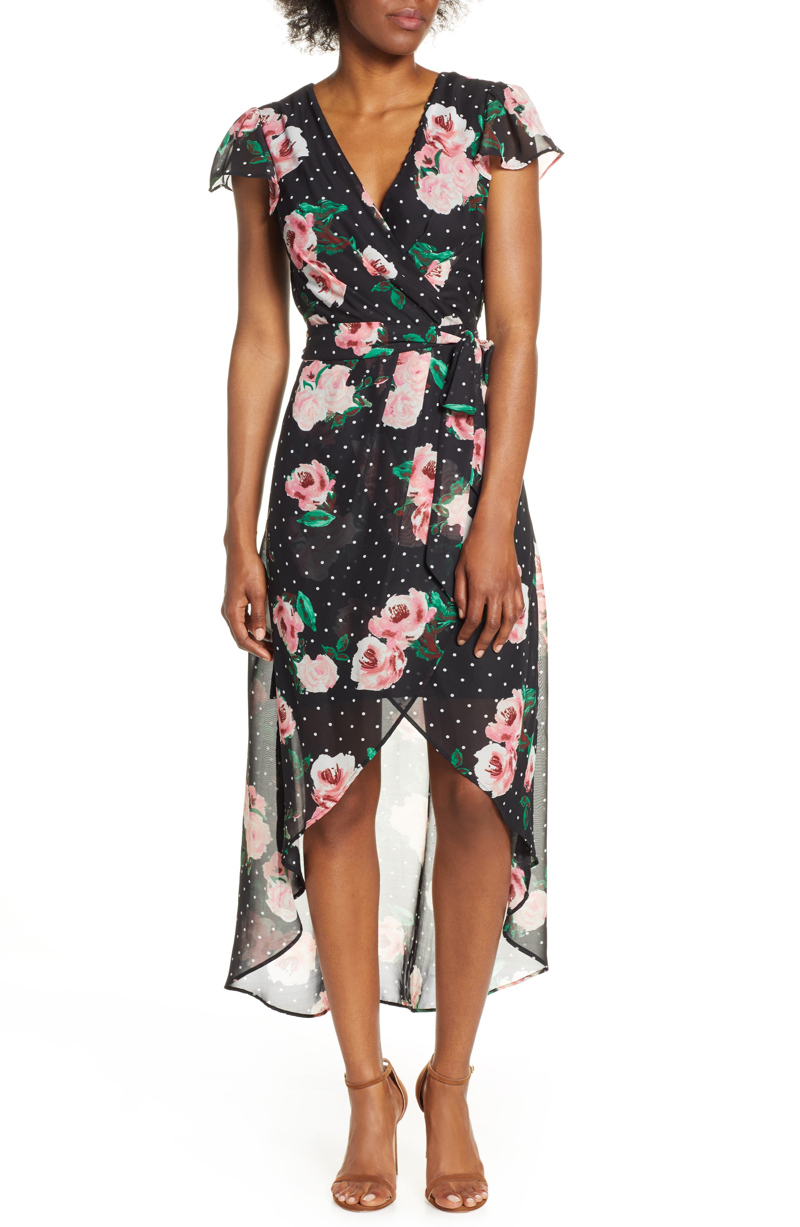 Julia Jordan High/low Chiffon Faux Wrap Dress, Black