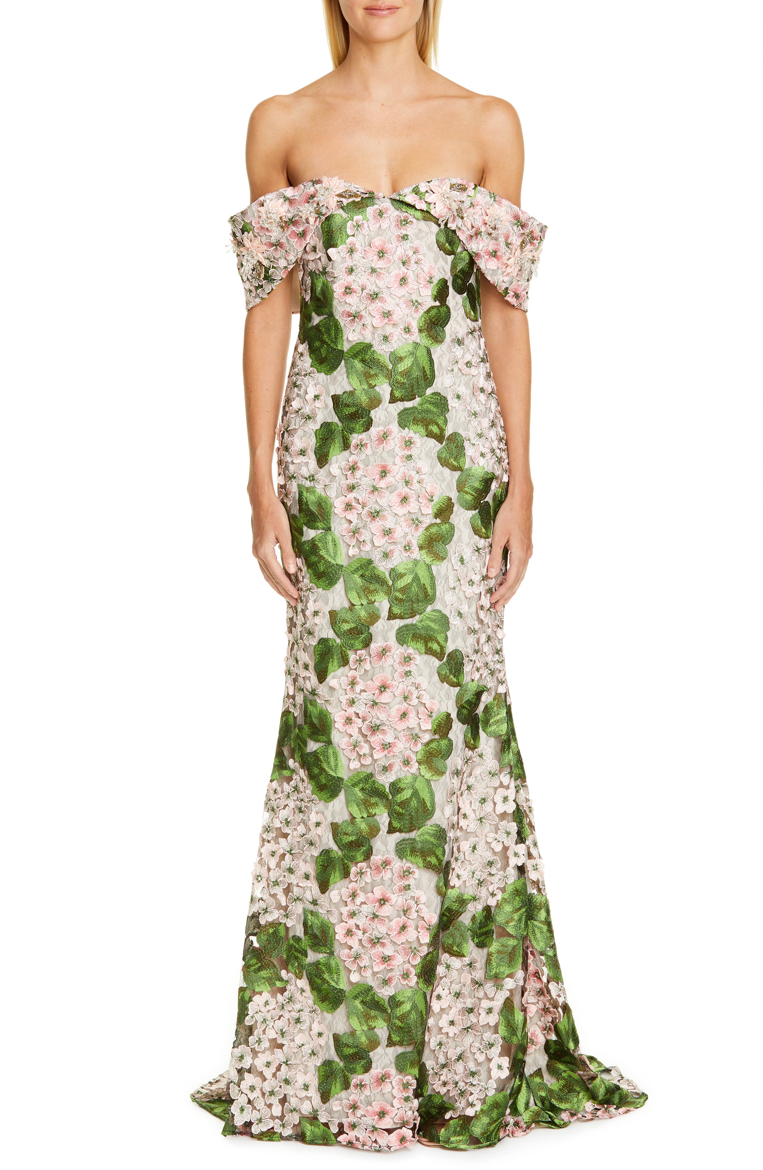 Badgley Mischka Couture Off The Shoulder Floral Embellished Gown, Pink