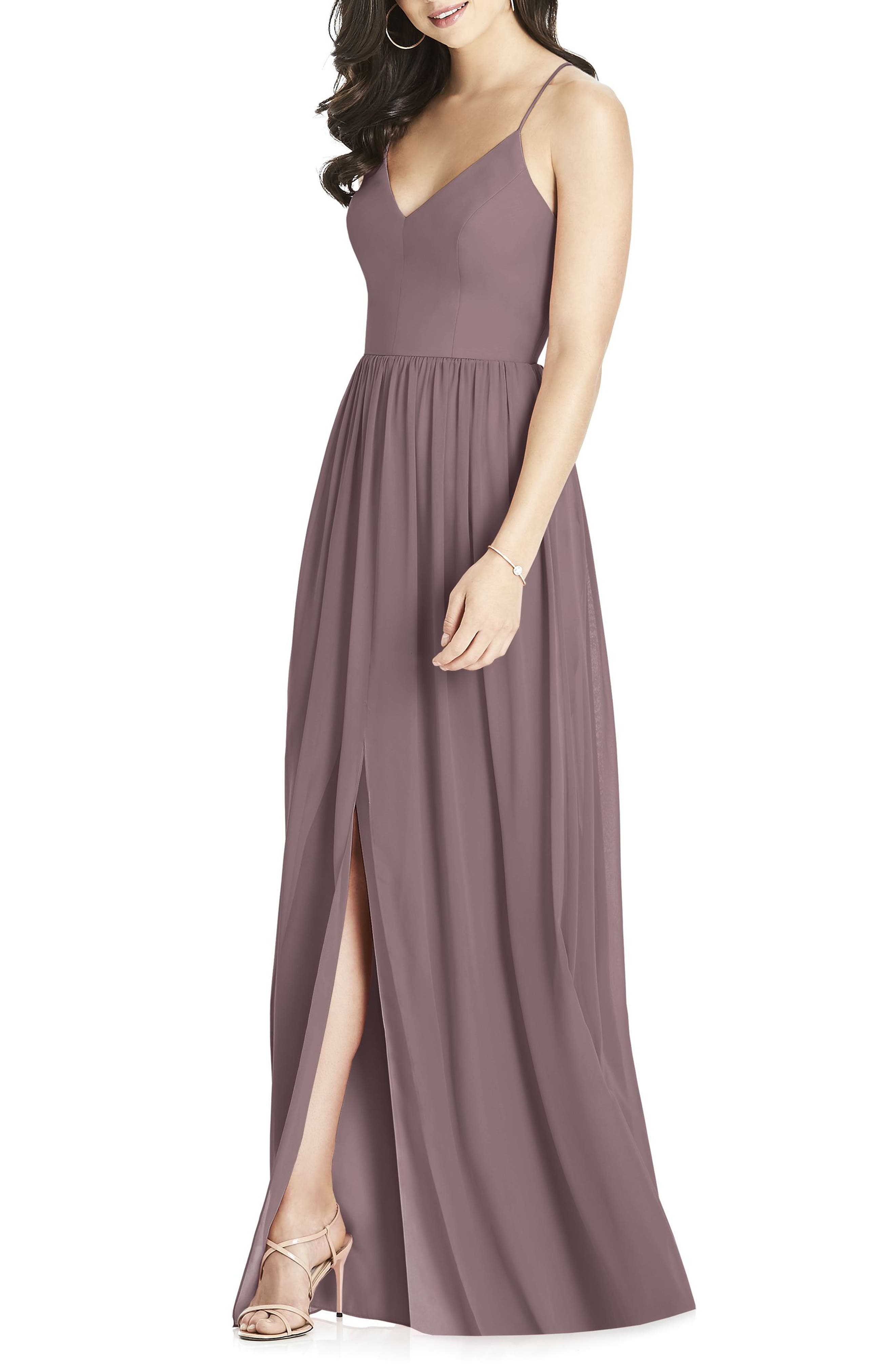 Dessy Collection Spaghetti Strap Chiffon Gown, Brown