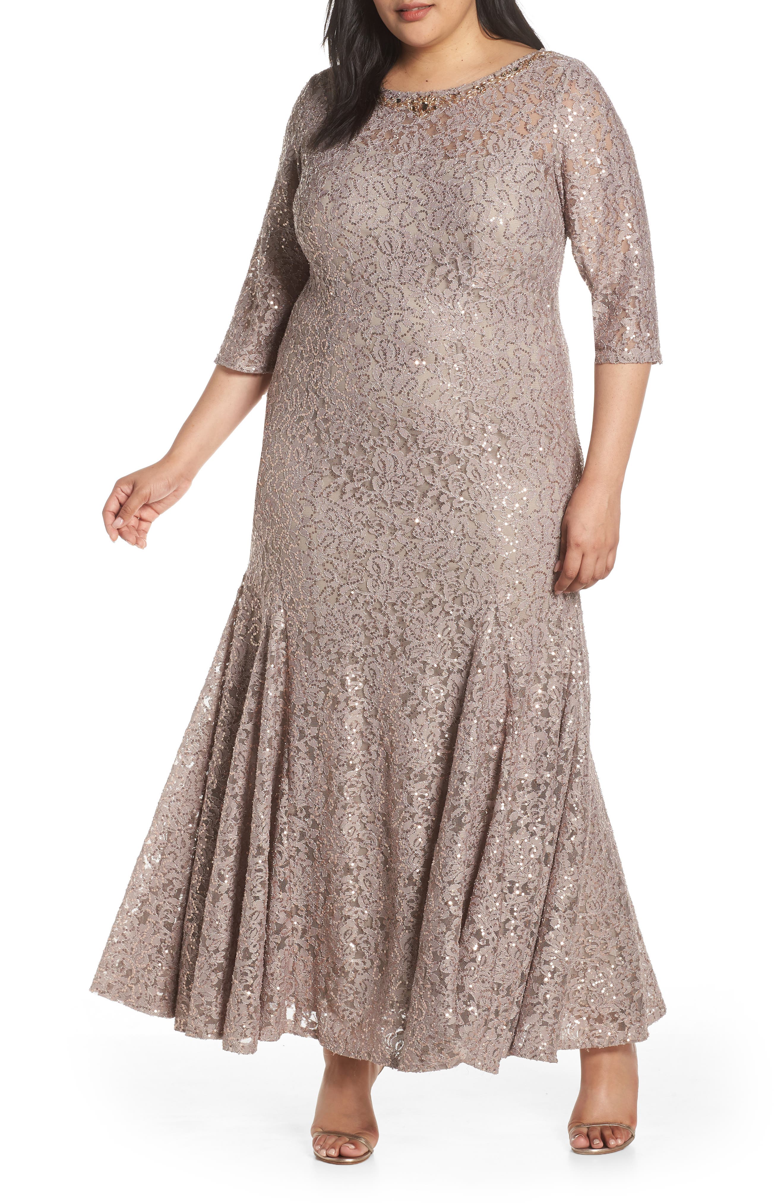 Plus Size Alex Evenings Beaded Neck Sequin Lace Evening Dress, Beige