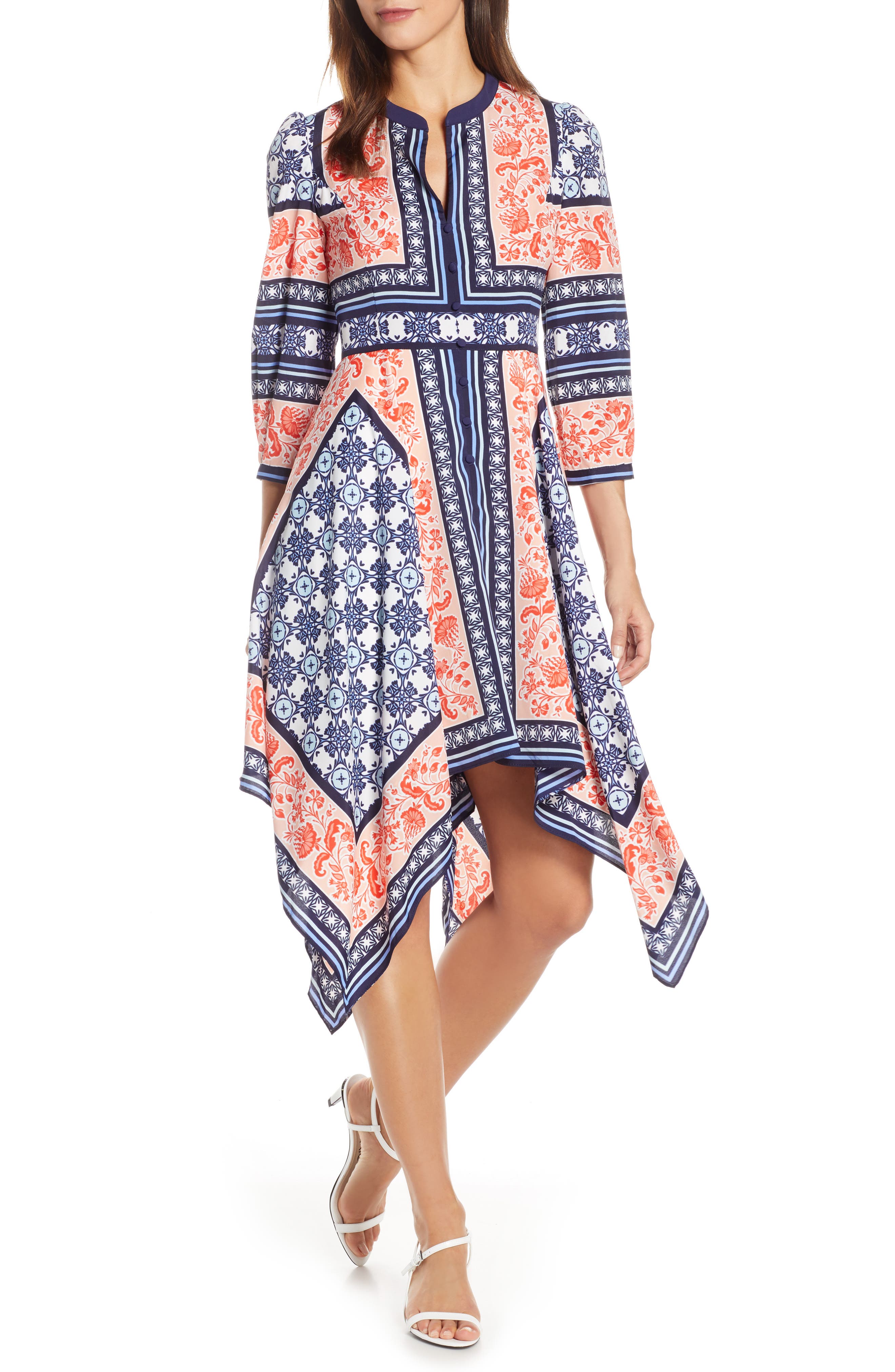 Eliza J Bandana Print Handkerchief Hem Dress, Blue