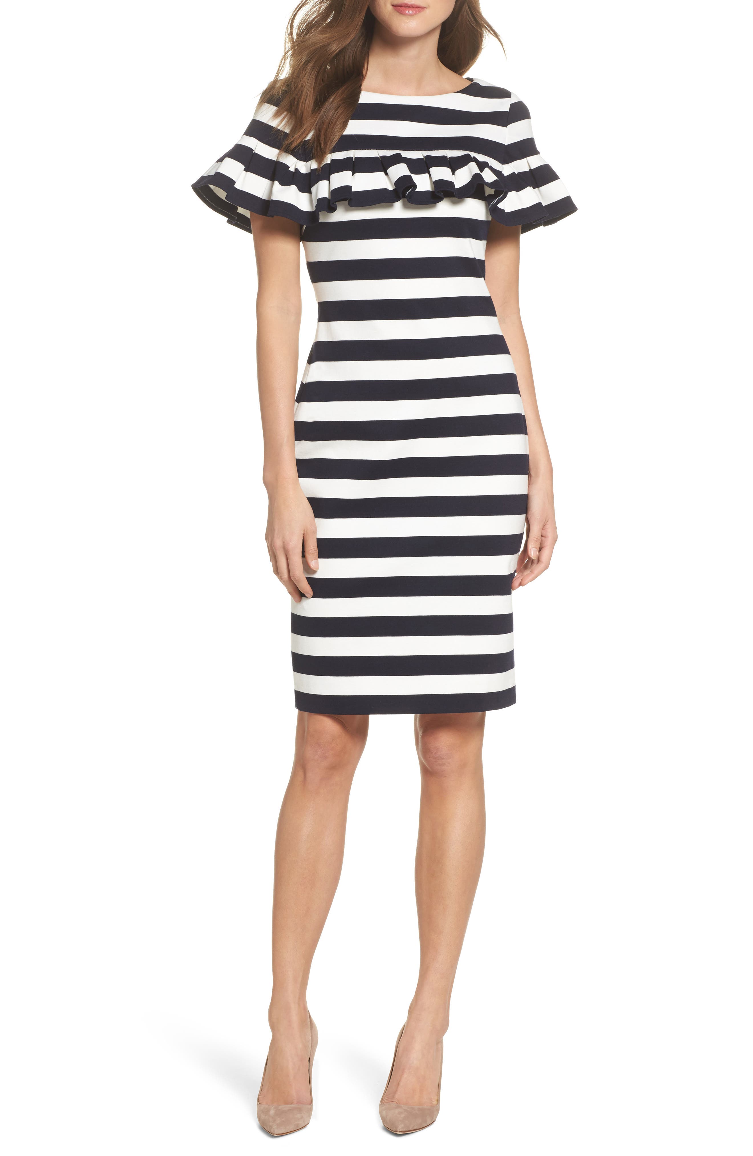 Eliza J Stripe Ruffle Sheath Dress, Blue