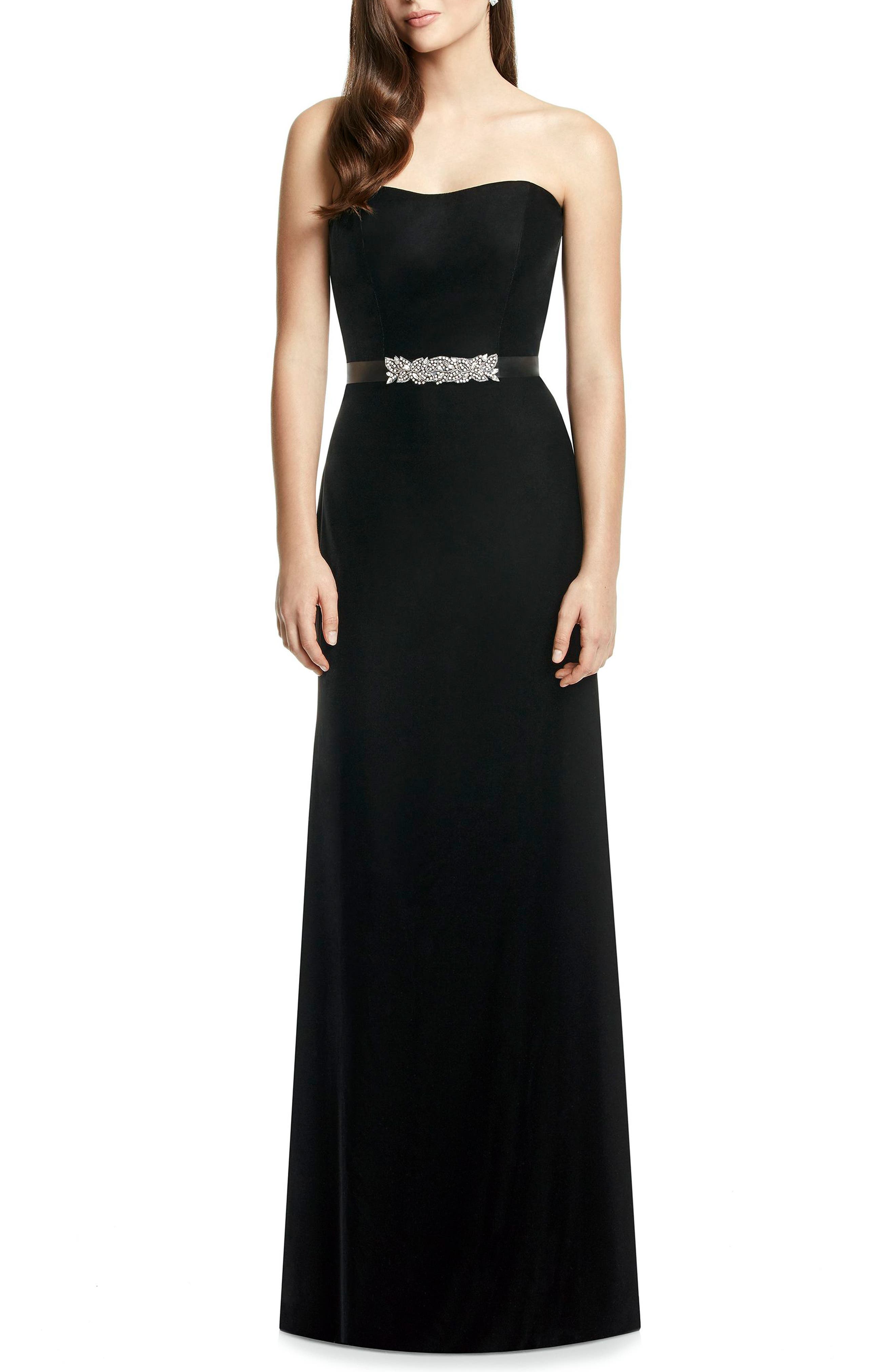 Dessy Collection Embellished Belt Strapless Velvet Gown, Black