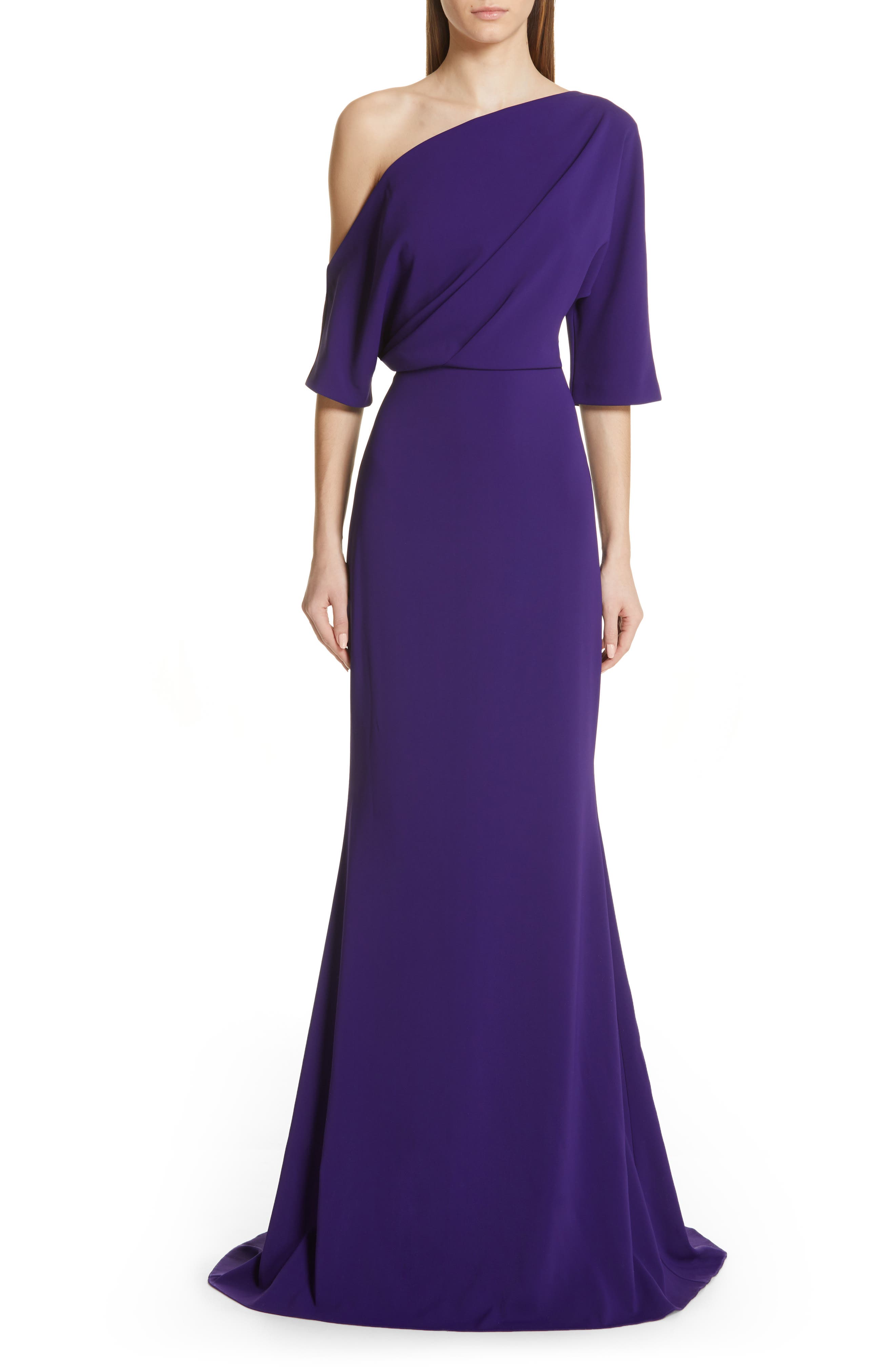 Badgley Mischka One-Shoulder Trumpet Evening Dress, Purple