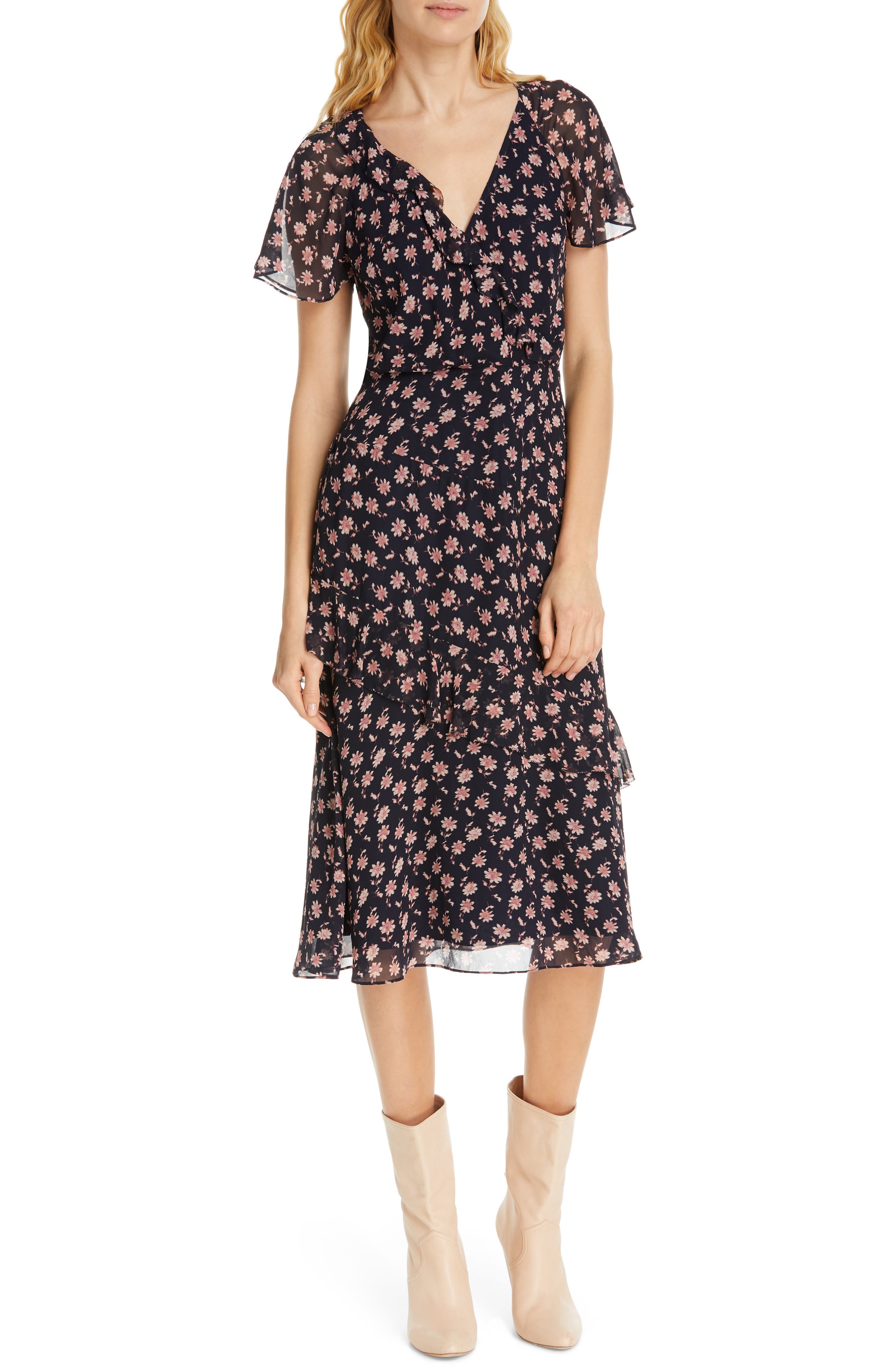 Joie Orita B Floral Silk Midi Dress, Blue