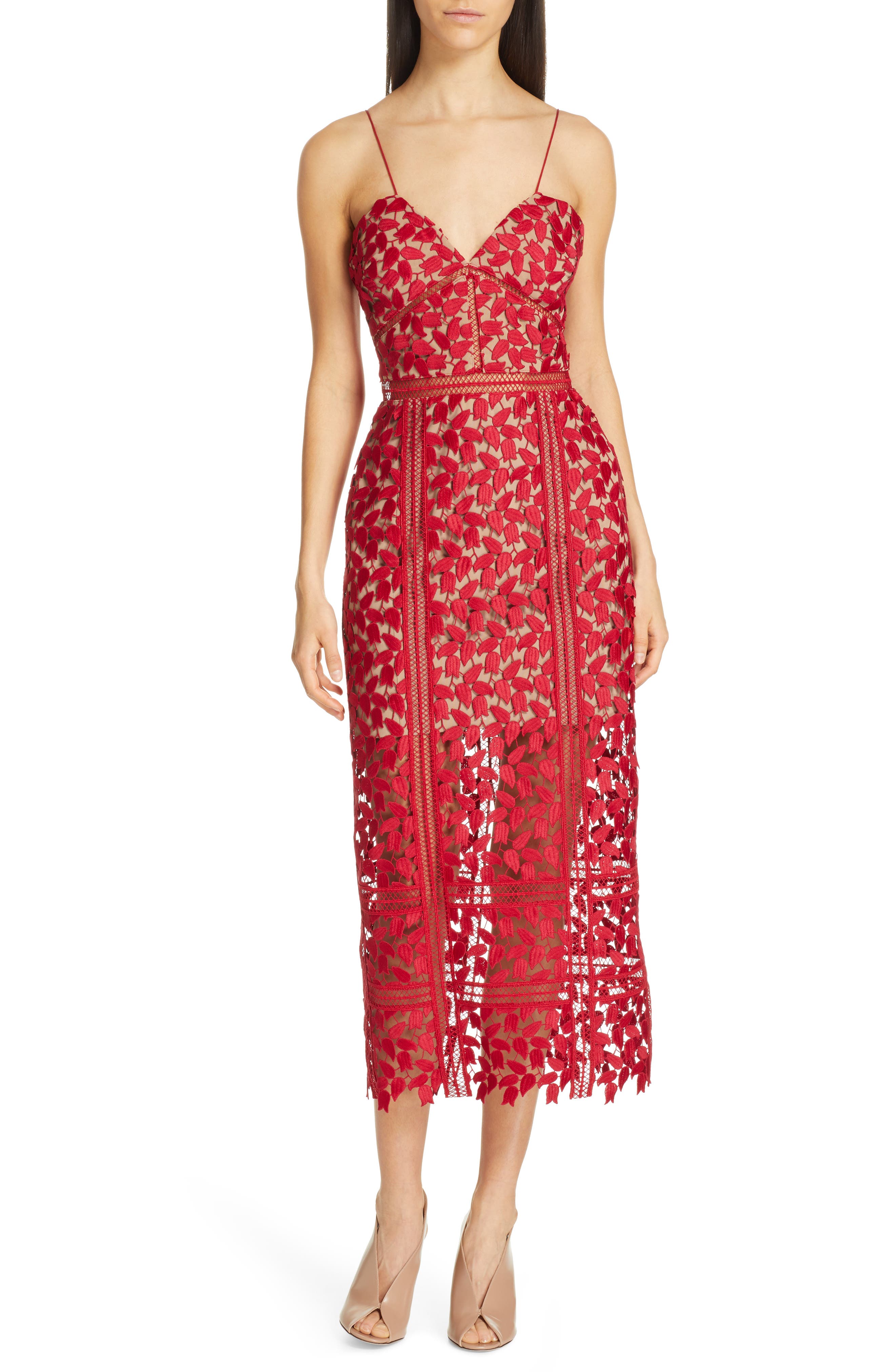 Self-Portrait Arabella Lace Midi Dress, Red