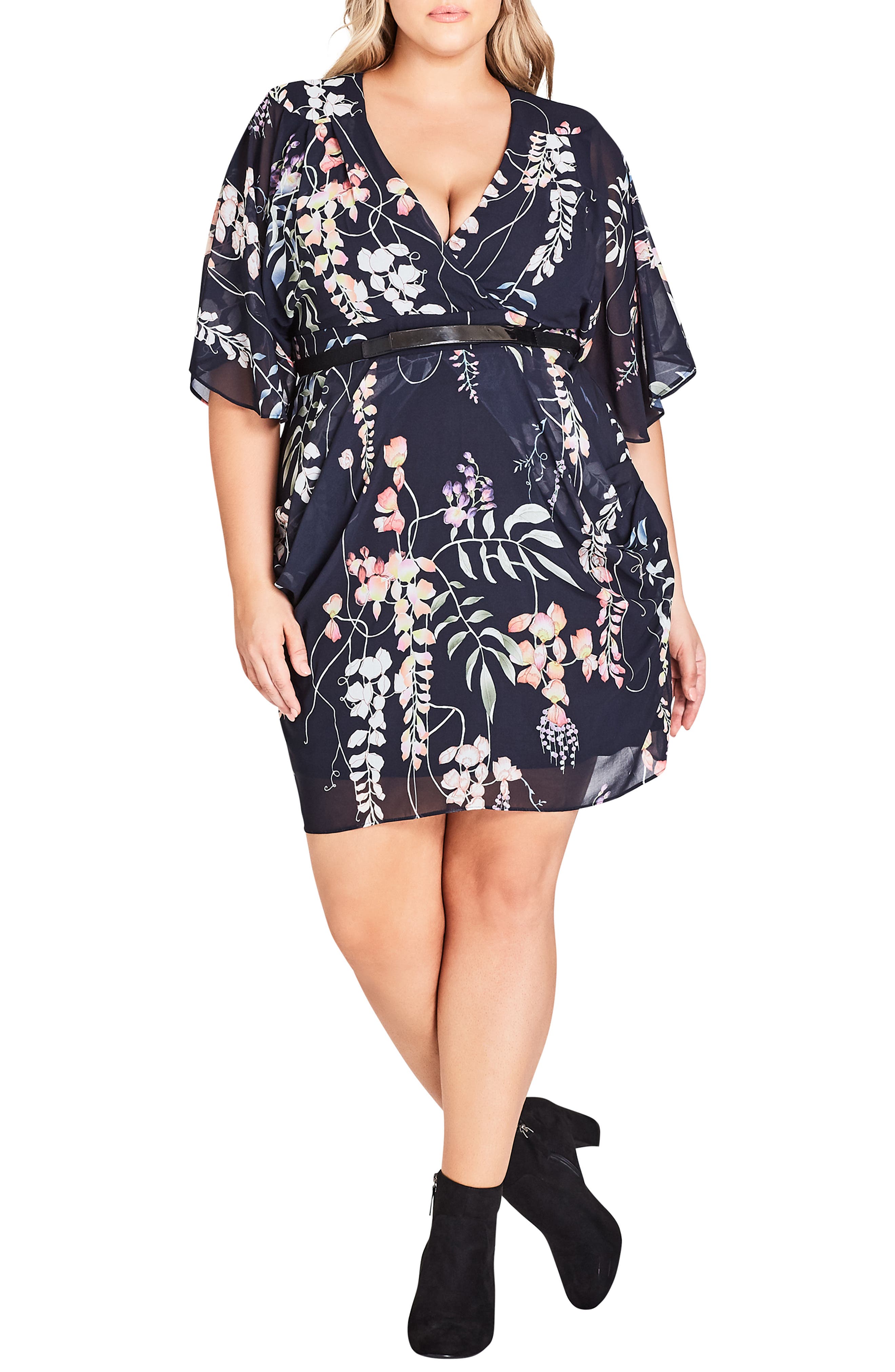 Plus Size City Chic Hothouse Flower Faux Wrap Chiffon Dress, Blue