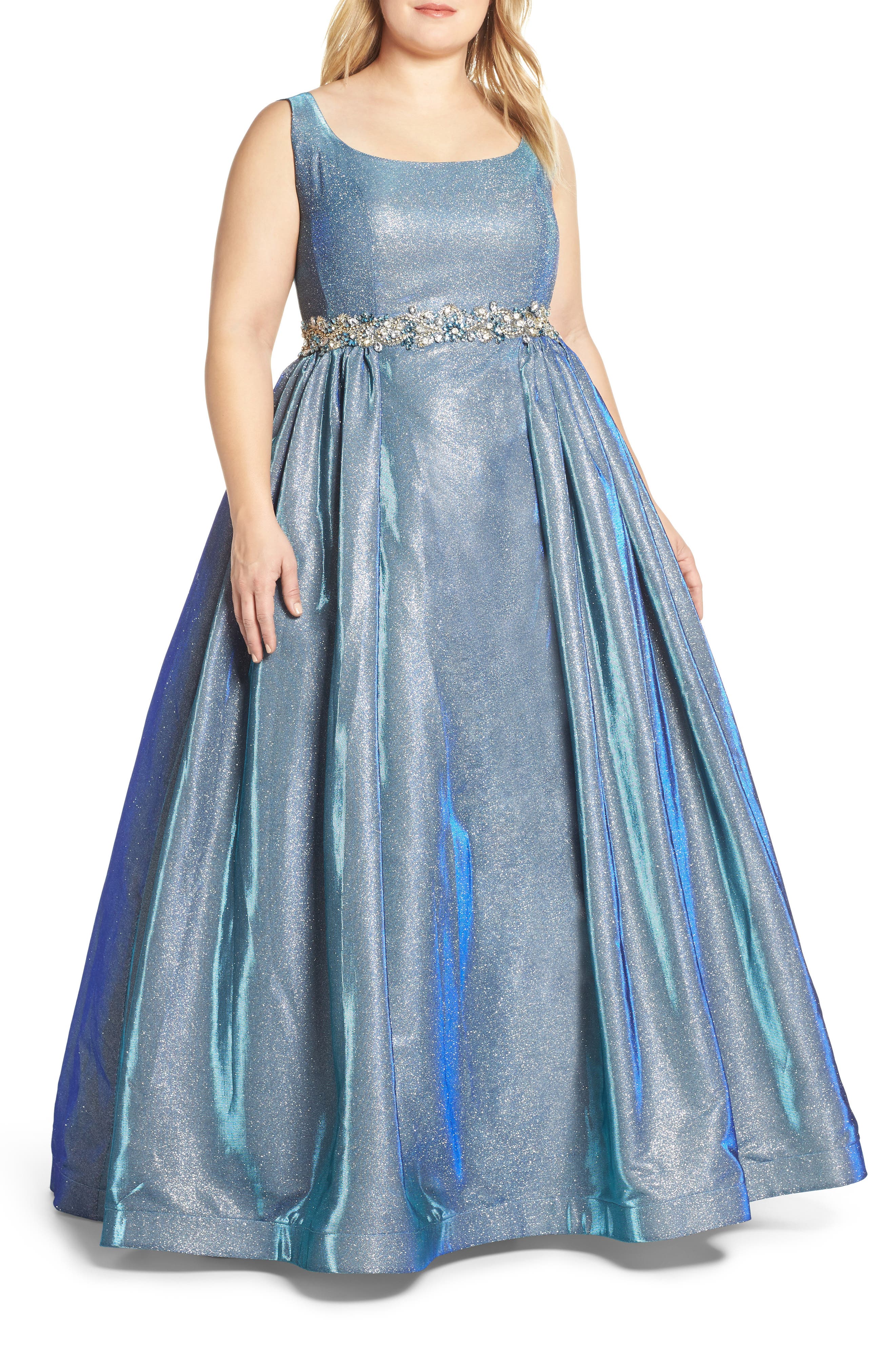 Plus Size MAC Duggal Jeweled Waist Metallic Evening Dress, Blue