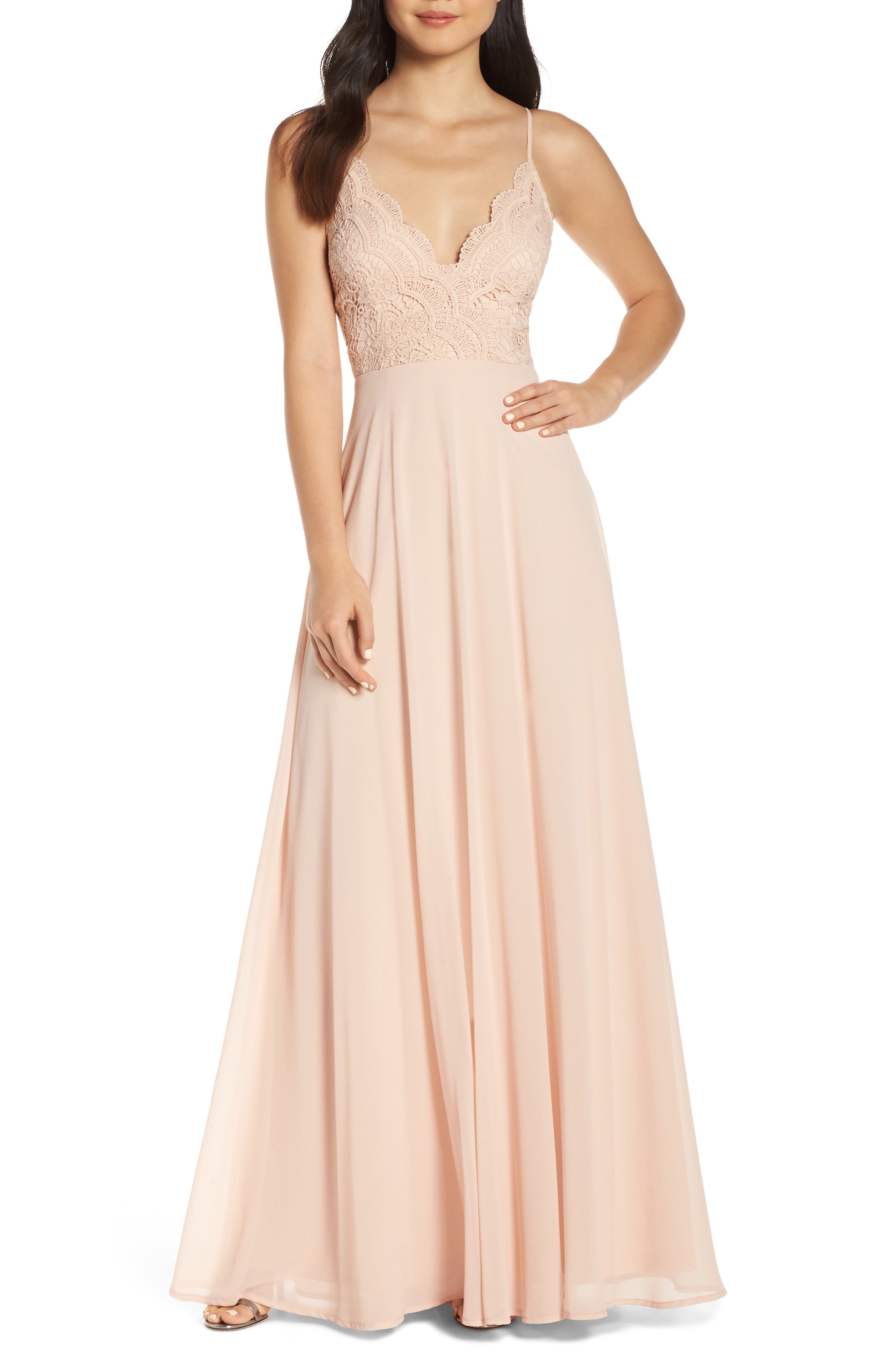 Lulus Madalyn V-Neck Lace & Chiffon Evening Dress, Pink