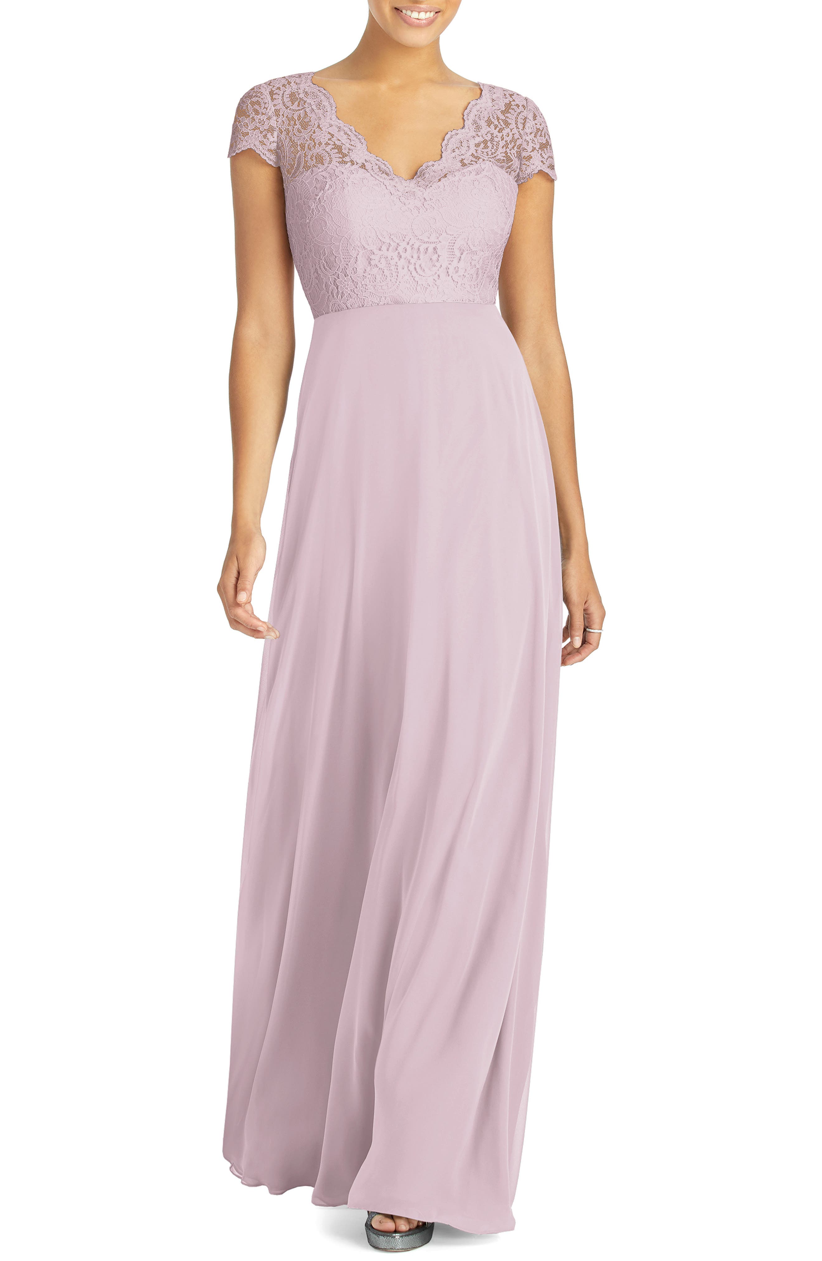 Dessy Collection Cap Sleeve Lace & Chiffon Gown, Pink