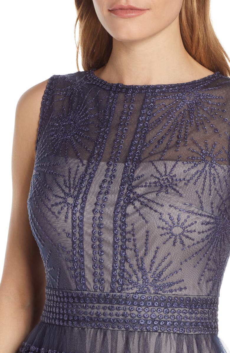 TADASHI SHOJI EMBROIDERED MESH SLEEVELESS GOWN,BJM19445L