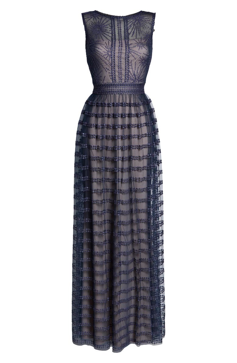 TADASHI SHOJI EMBROIDERED MESH SLEEVELESS GOWN,BJM19445L