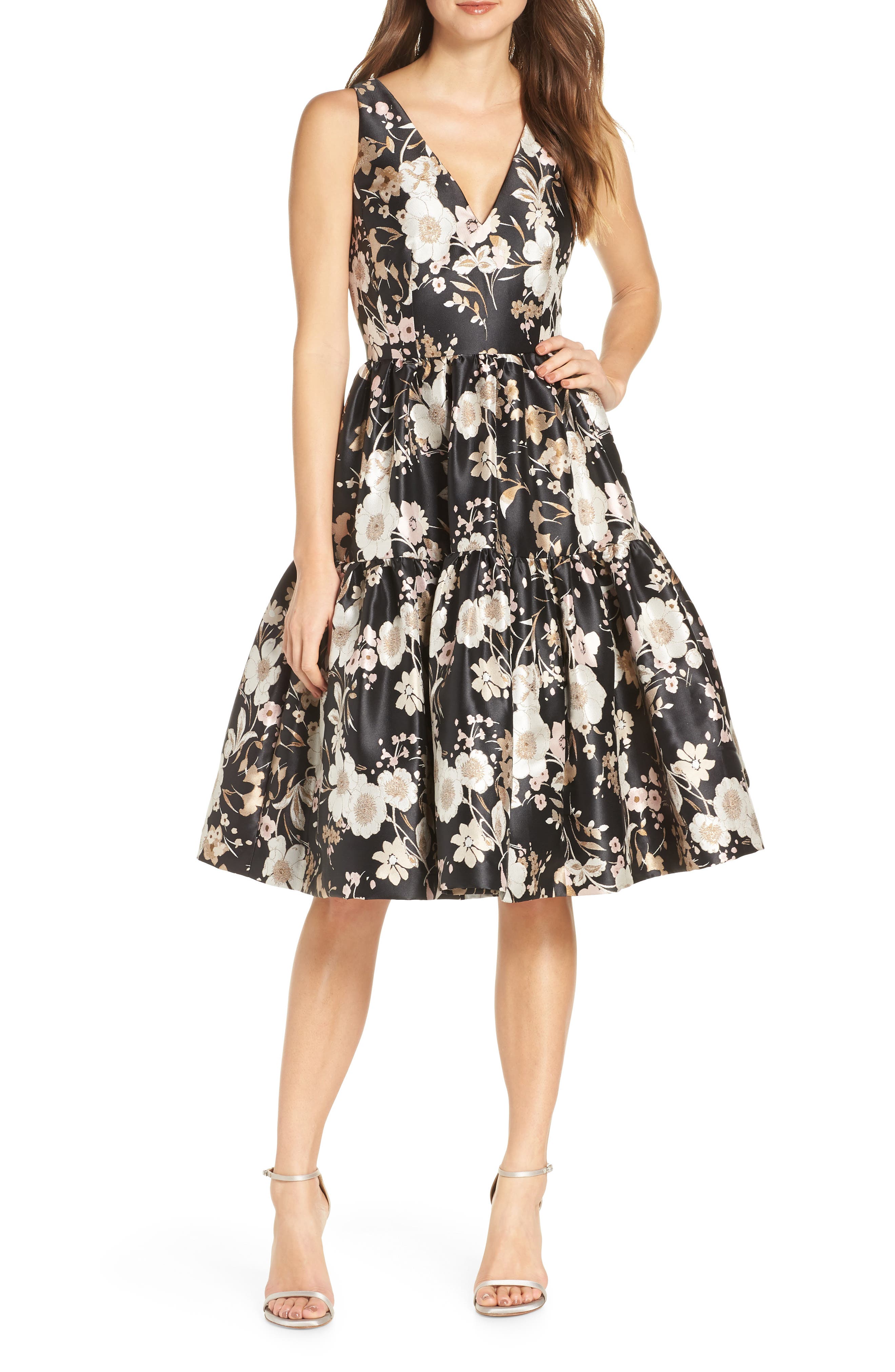 Eliza J Floral Jacquard Fit & Flare Dress, Black